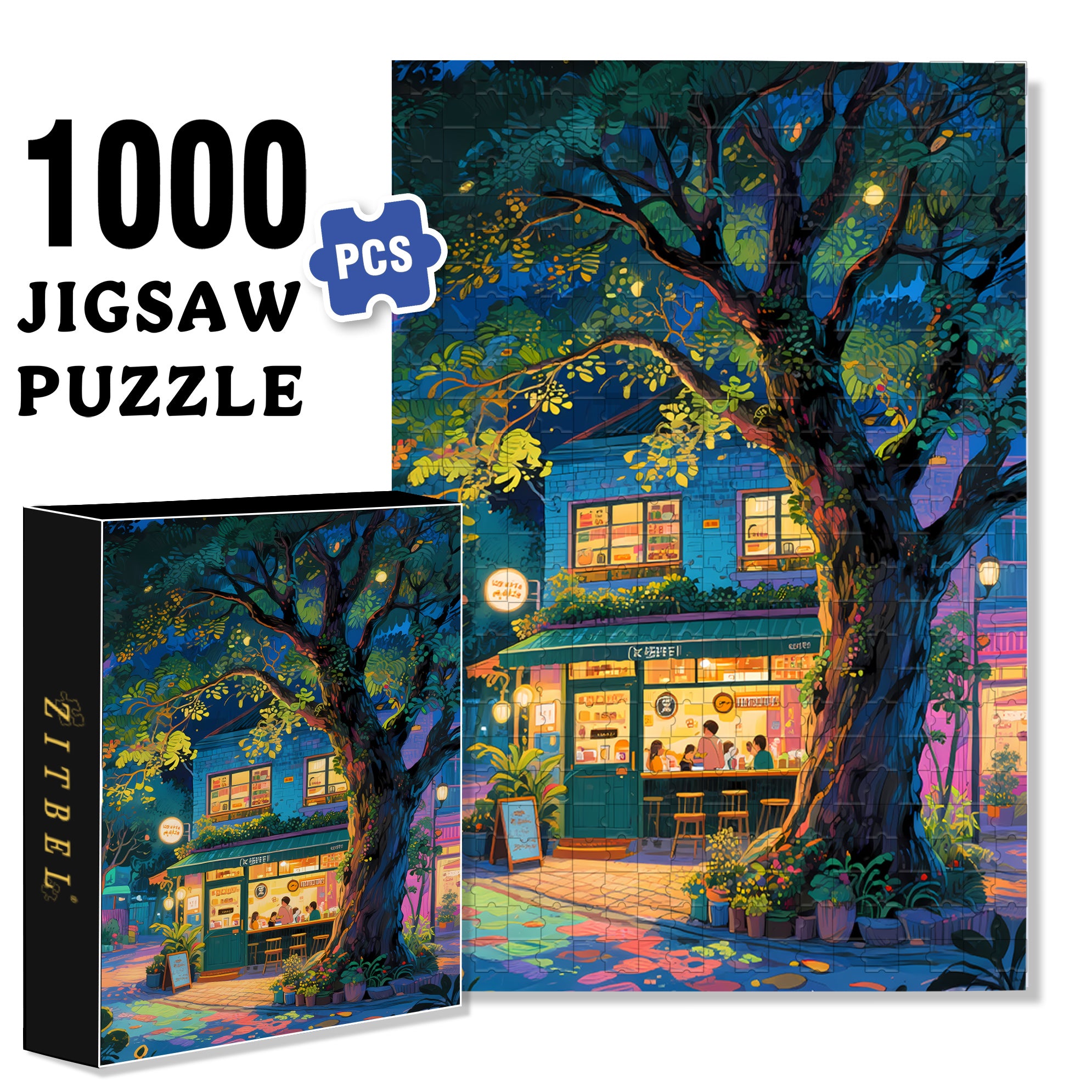 Coffee Shop Under The Big Tree 500pcs/1000pcs Jigsaw Puzzle, Scratch-Resistant, Interactive Family Game & Brain-Boosting DIY Decor, Perfect for Halloween, Christmas & New Year Gifts, Family Puzzle Game