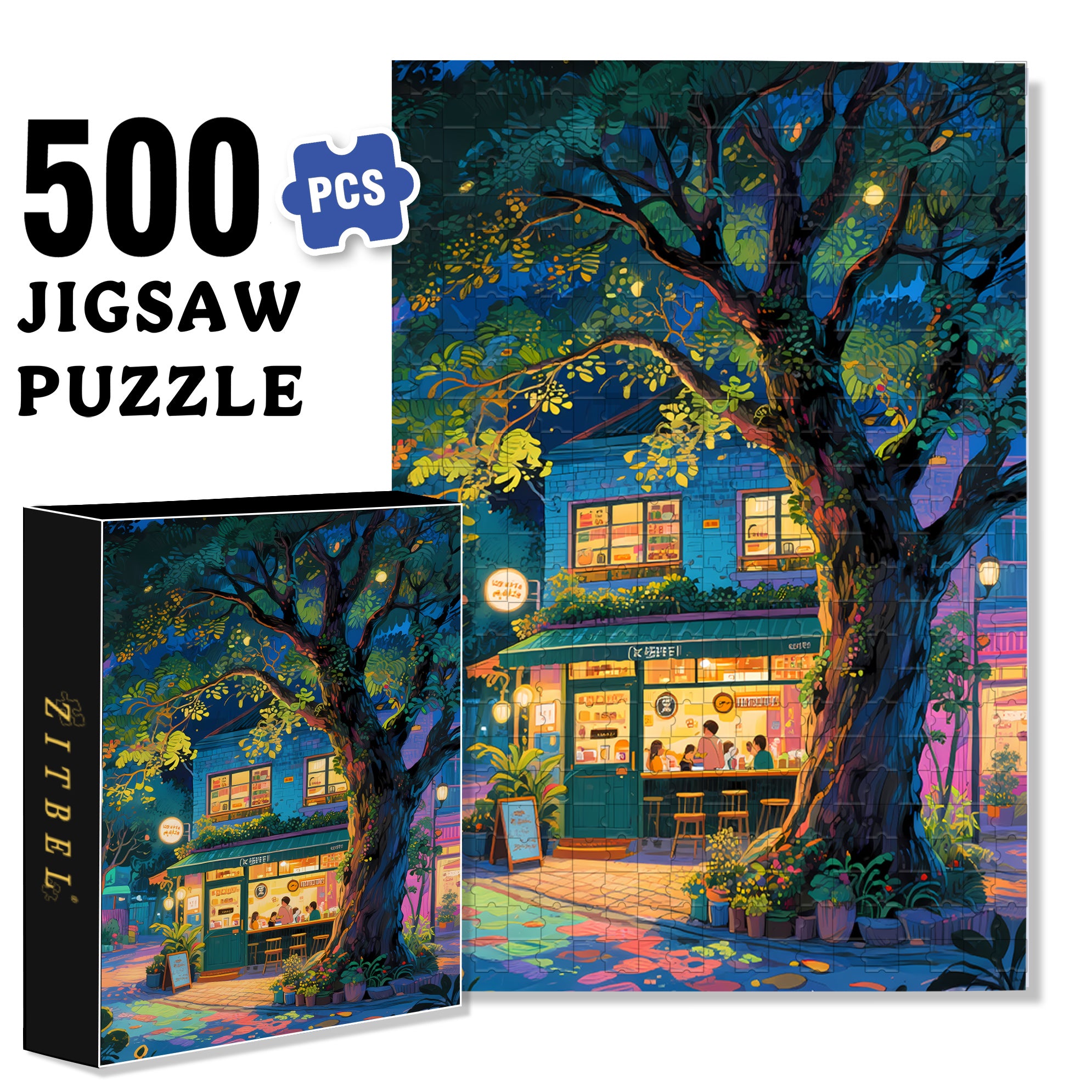 Coffee Shop Under The Big Tree 500pcs/1000pcs Jigsaw Puzzle, Scratch-Resistant, Interactive Family Game & Brain-Boosting DIY Decor, Perfect for Halloween, Christmas & New Year Gifts, Family Puzzle Game