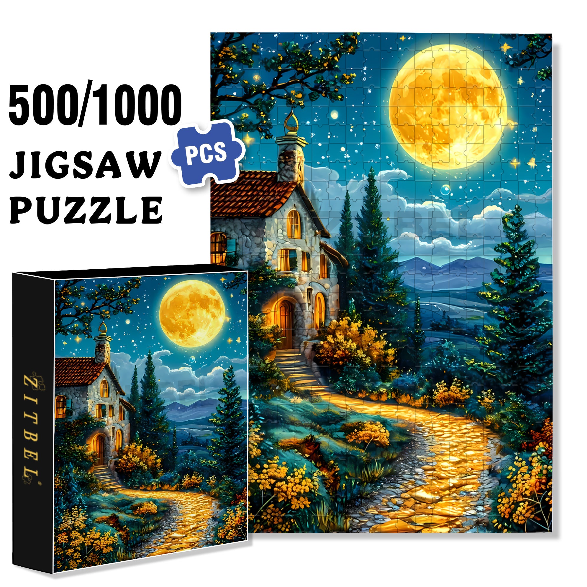 Moonlit Night 500pcs/1000pcs Jigsaw Puzzle, Scratch-Resistant, Interactive Family Game & Brain-Boosting DIY Decor, Perfect for Halloween, Christmas & New Year Gifts, Family Puzzle Game