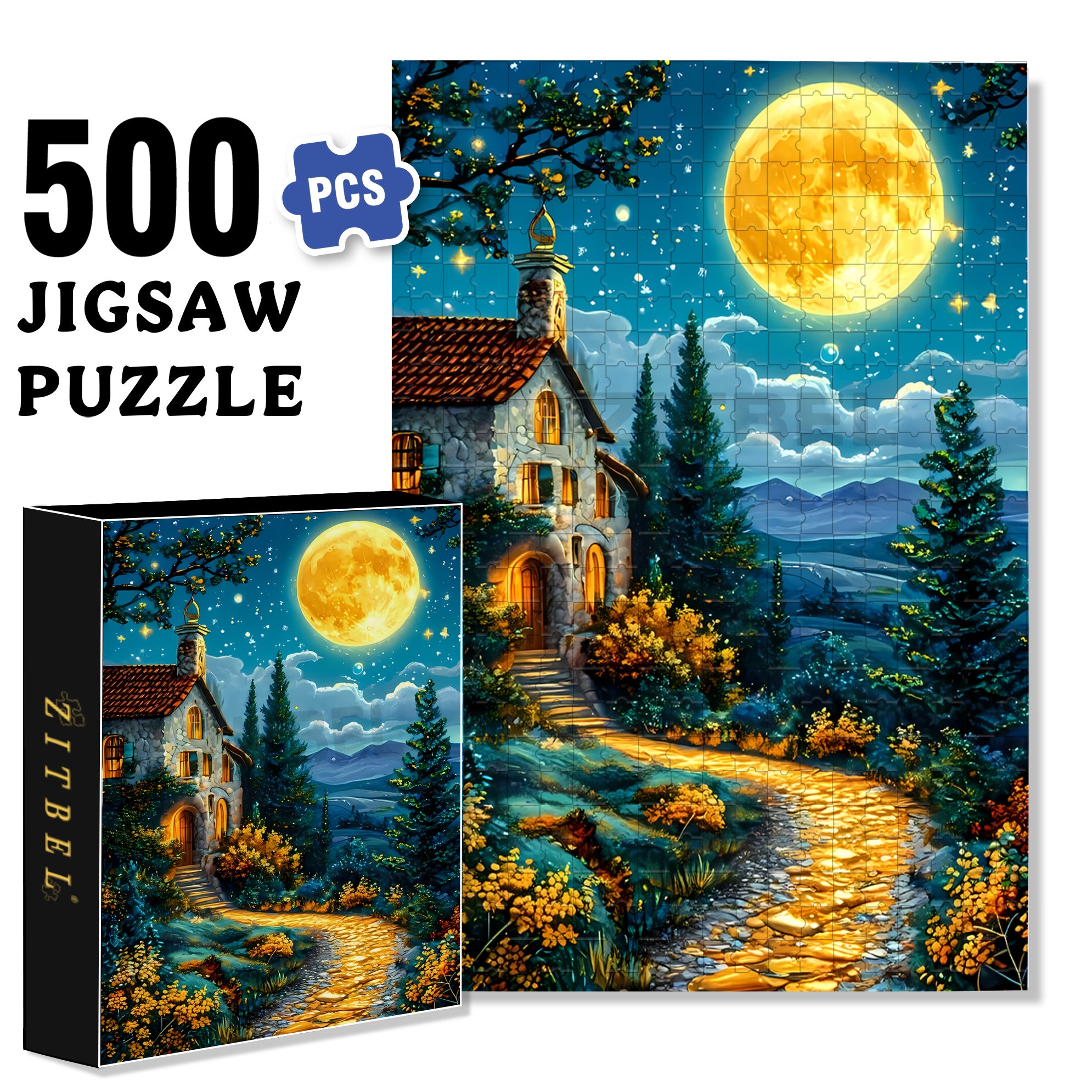 Moonlit Night 500pcs/1000pcs Jigsaw Puzzle, Scratch-Resistant, Interactive Family Game & Brain-Boosting DIY Decor, Perfect for Halloween, Christmas & New Year Gifts, Family Puzzle Game