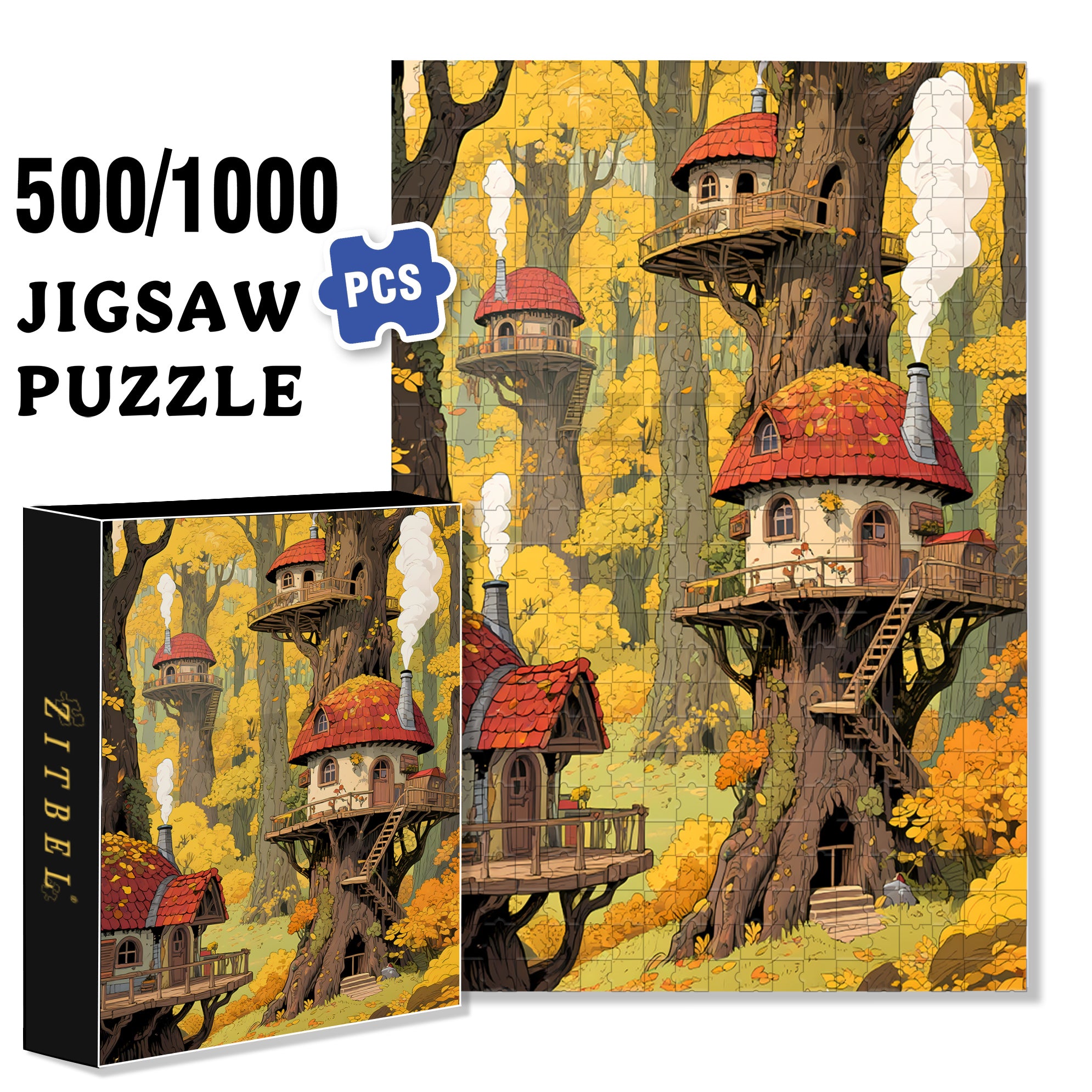 Mushroom House 500pcs/1000pcs Jigsaw Puzzle, Scratch-Resistant, Interactive Family Game & Brain-Boosting DIY Decor, Perfect for Halloween, Christmas & New Year Gifts, Family Puzzle Game