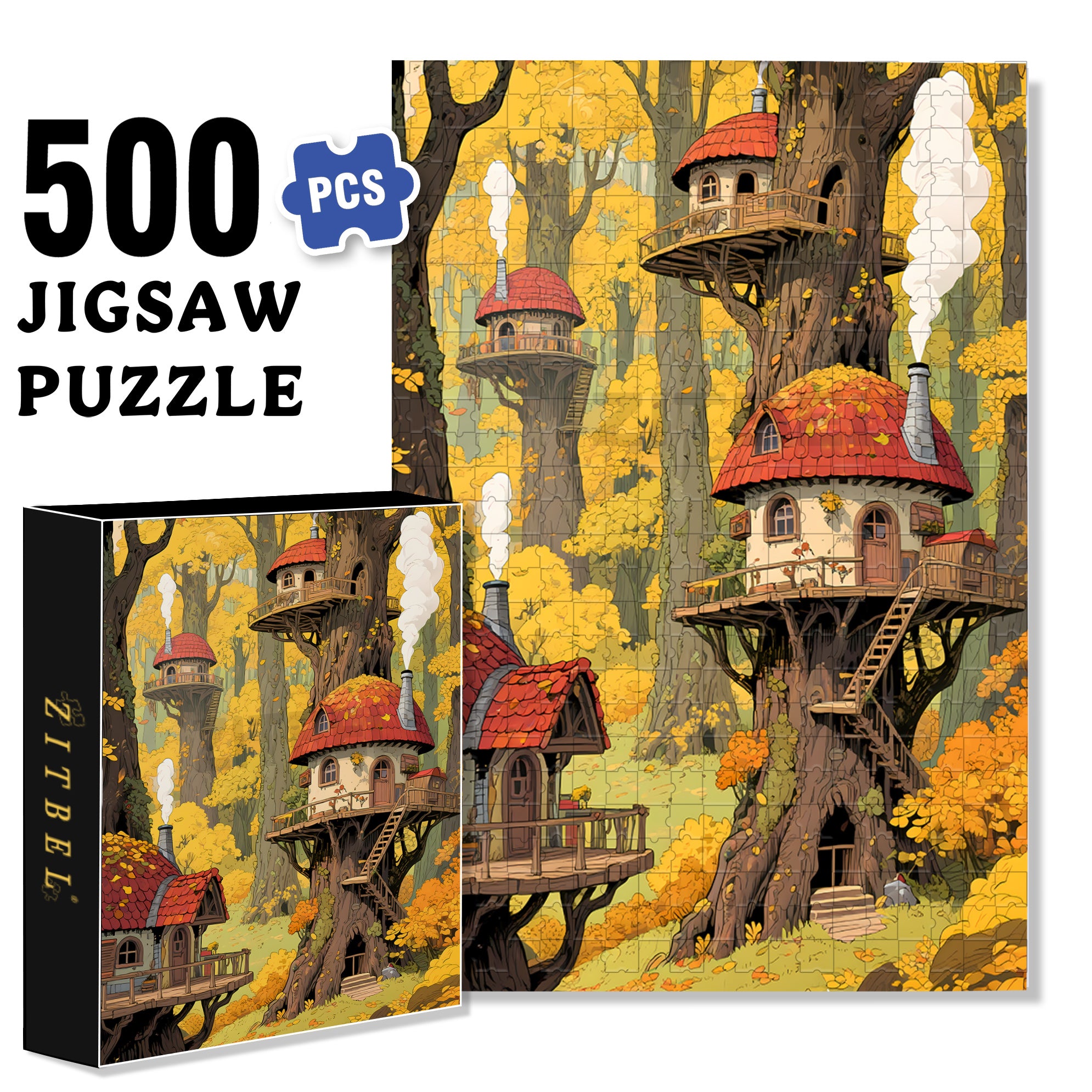 Mushroom House 500pcs/1000pcs Jigsaw Puzzle, Scratch-Resistant, Interactive Family Game & Brain-Boosting DIY Decor, Perfect for Halloween, Christmas & New Year Gifts, Family Puzzle Game