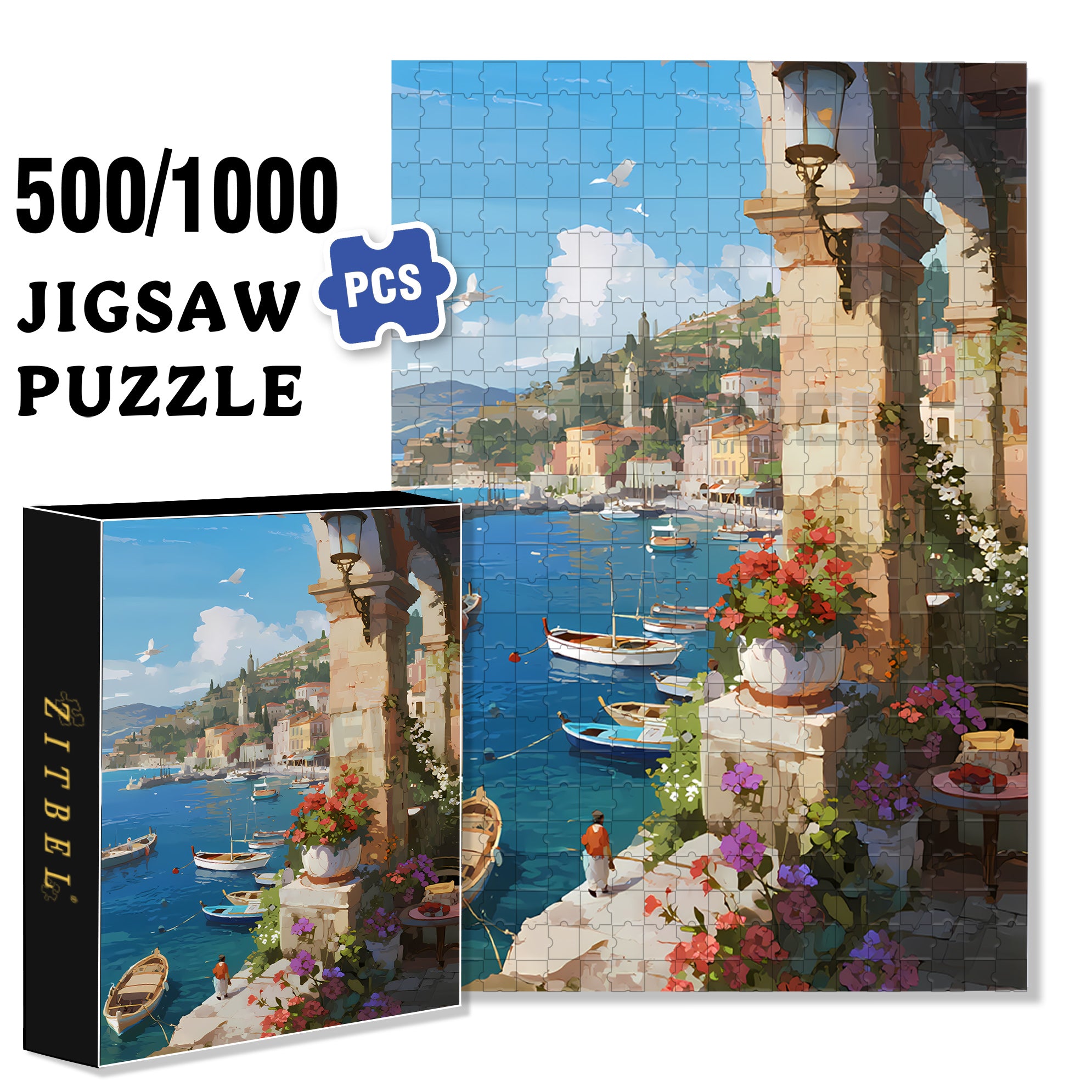Seaside Towns 500pcs/1000pcs Jigsaw Puzzle, Scratch-Resistant, Interactive Family Game & Brain-Boosting DIY Decor, Perfect for Halloween, Christmas & New Year Gifts, Family Puzzle Game