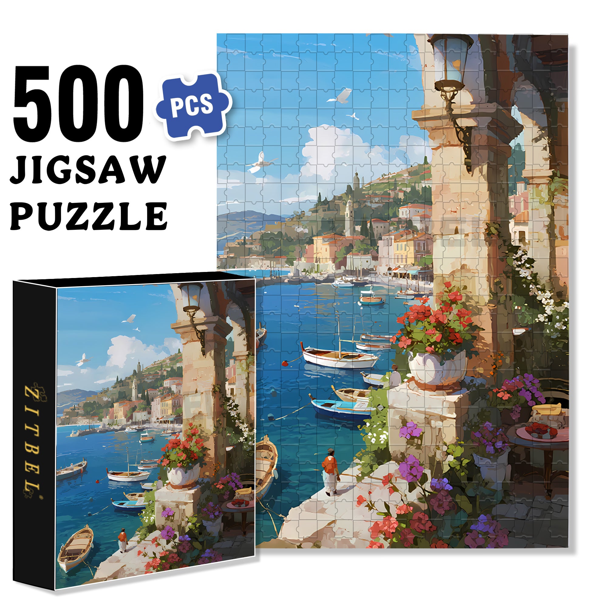 Seaside Towns 500pcs/1000pcs Jigsaw Puzzle, Scratch-Resistant, Interactive Family Game & Brain-Boosting DIY Decor, Perfect for Halloween, Christmas & New Year Gifts, Family Puzzle Game