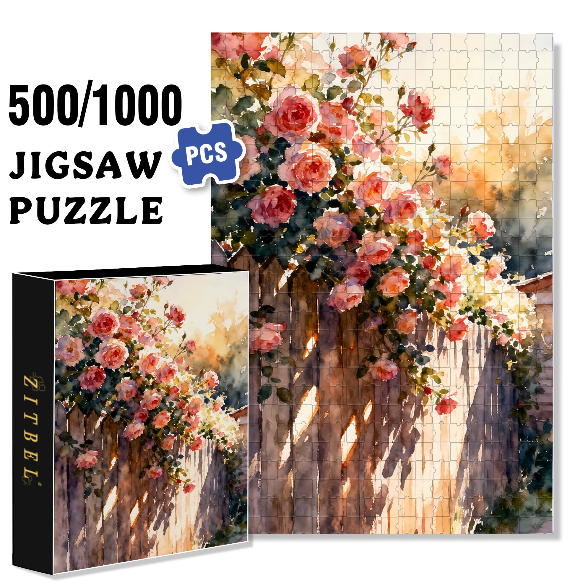 Blooming Roses 500pcs/1000pcs Jigsaw Puzzle, Scratch-Resistant, Interactive Family Game & Brain-Boosting DIY Decor, Perfect for Halloween, Christmas & New Year Gifts, Family Puzzle Game
