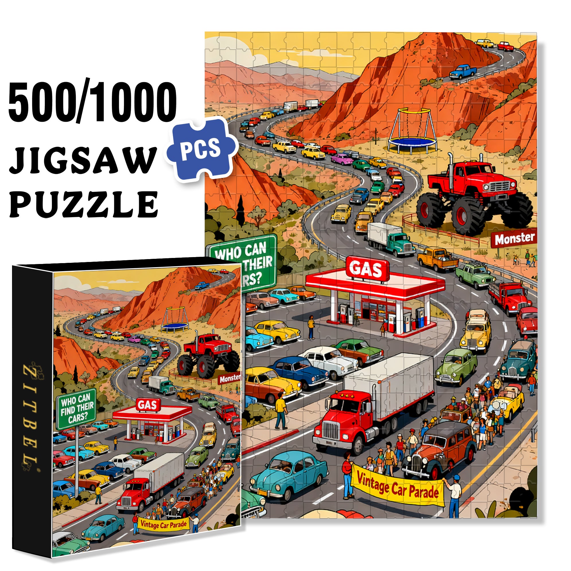 Car Parade 500pcs/1000pcs Jigsaw Puzzle, Scratch-Resistant, Interactive Family Game & Brain-Boosting DIY Decor, Perfect for Halloween, Christmas & New Year Gifts, Family Puzzle Game