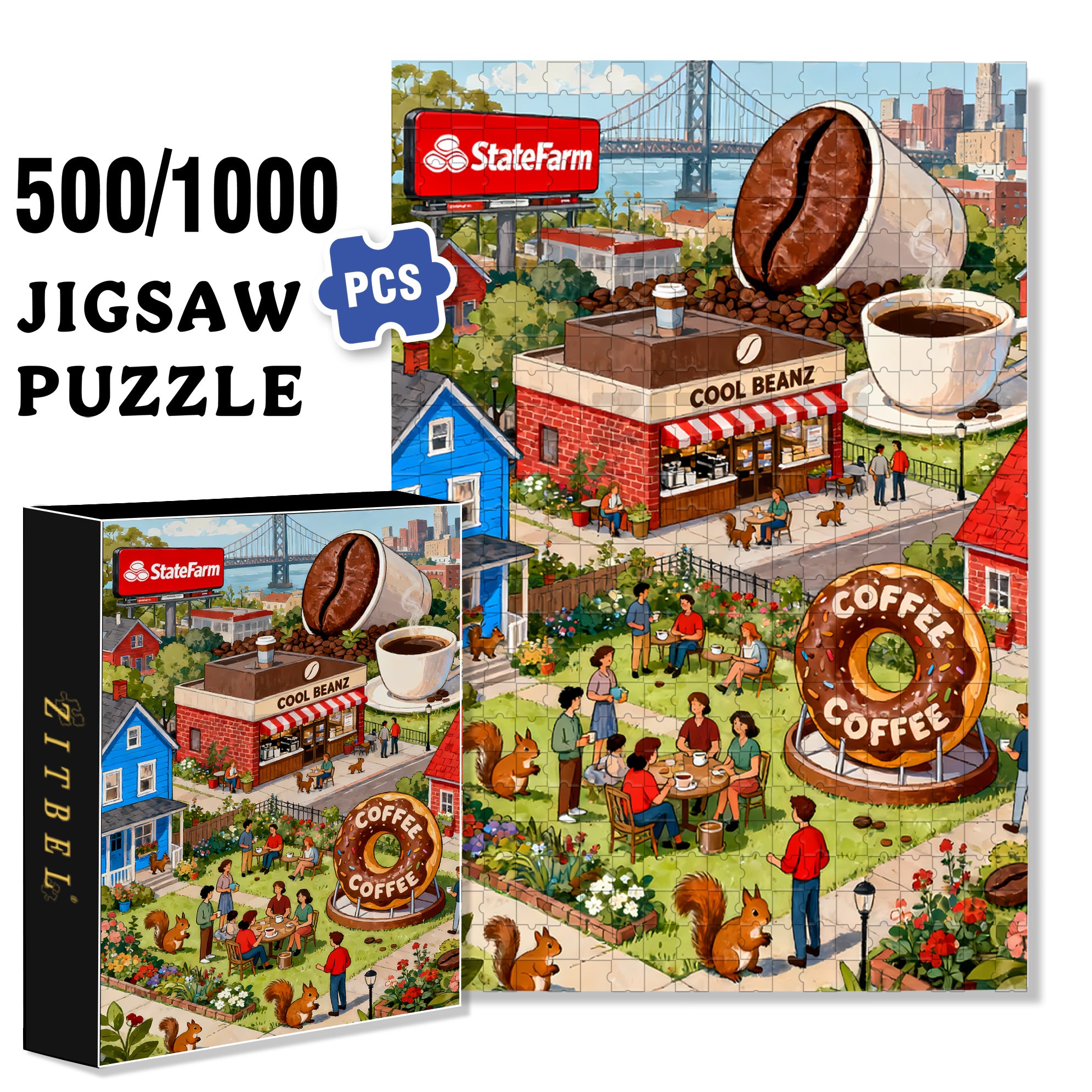 Coffee City 500pcs/1000pcs Jigsaw Puzzle, Scratch-Resistant, Interactive Family Game & Brain-Boosting DIY Decor, Perfect for Halloween, Christmas & New Year Gifts, Family Puzzle Game