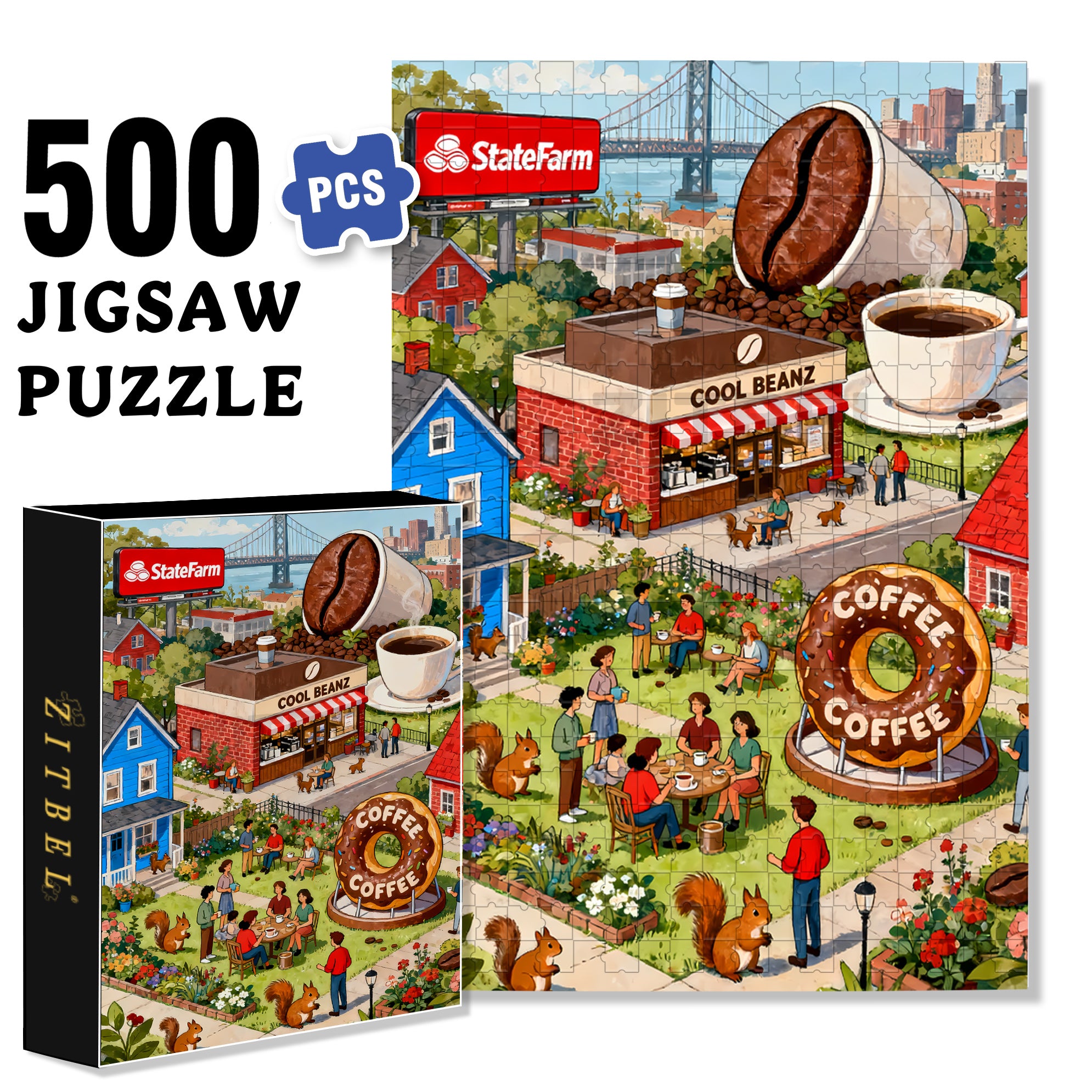 Coffee City 500pcs/1000pcs Jigsaw Puzzle, Scratch-Resistant, Interactive Family Game & Brain-Boosting DIY Decor, Perfect for Halloween, Christmas & New Year Gifts, Family Puzzle Game