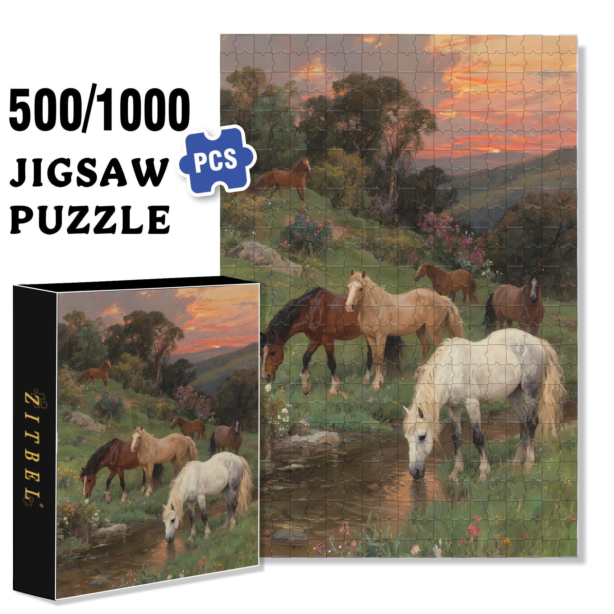 Horses 500pcs/1000pcs Jigsaw Puzzle, Scratch-Resistant, Interactive Family Game & Brain-Boosting DIY Decor, Perfect for Halloween, Christmas & New Year Gifts, Family Puzzle Game