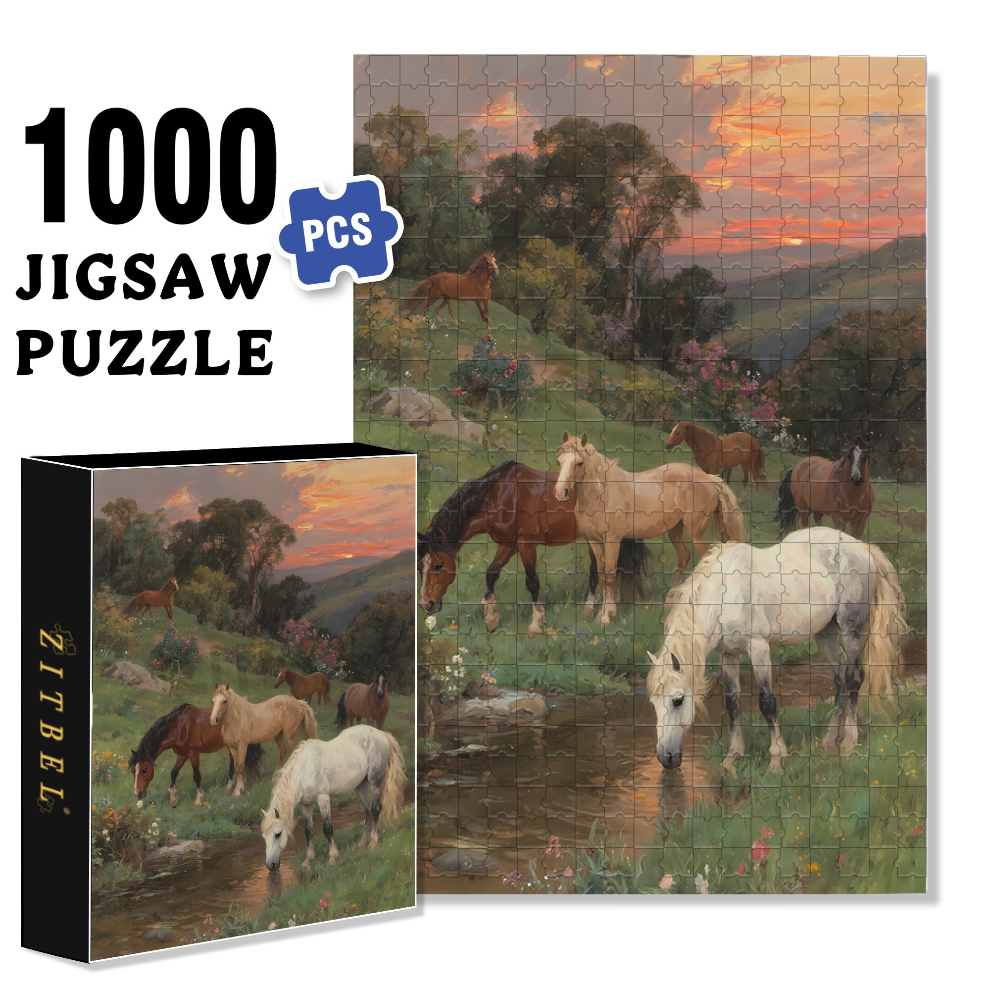 Horses 500pcs/1000pcs Jigsaw Puzzle, Scratch-Resistant, Interactive Family Game & Brain-Boosting DIY Decor, Perfect for Halloween, Christmas & New Year Gifts, Family Puzzle Game