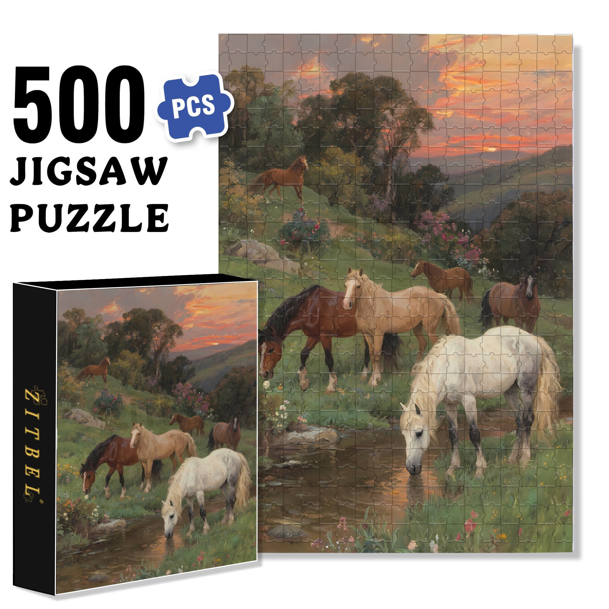 Horses 500pcs/1000pcs Jigsaw Puzzle, Scratch-Resistant, Interactive Family Game & Brain-Boosting DIY Decor, Perfect for Halloween, Christmas & New Year Gifts, Family Puzzle Game