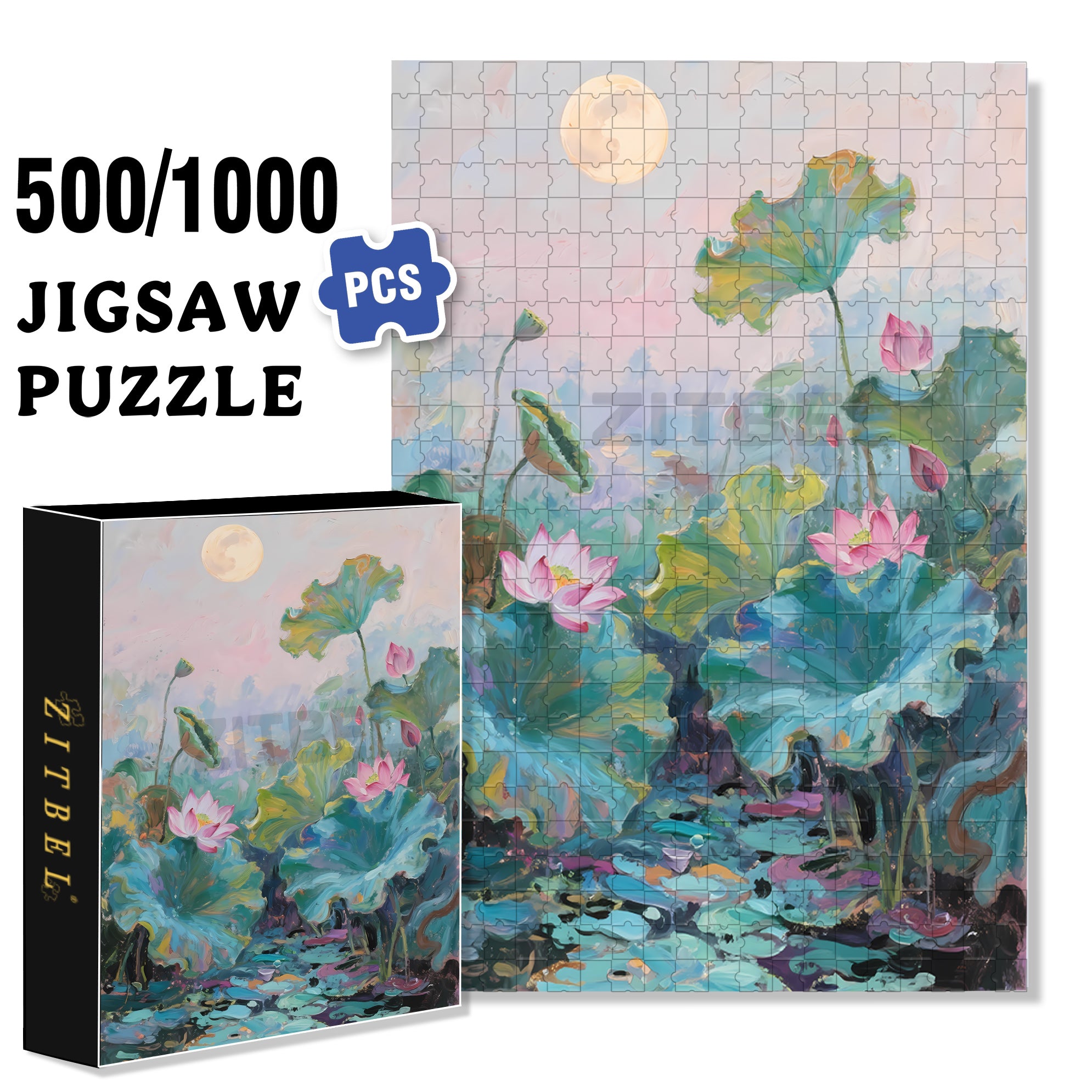 Lotus Pond 500pcs/1000pcs Jigsaw Puzzle, Scratch-Resistant, Interactive Family Game & Brain-Boosting DIY Decor, Perfect for Halloween, Christmas & New Year Gifts, Family Puzzle Game