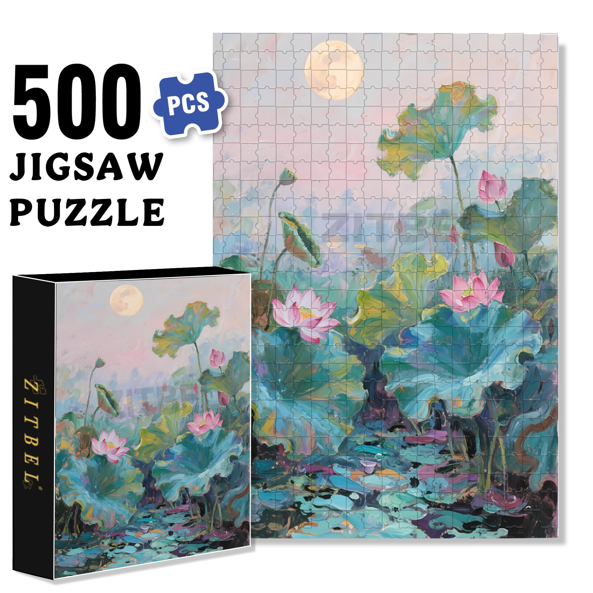 Lotus Pond 500pcs/1000pcs Jigsaw Puzzle, Scratch-Resistant, Interactive Family Game & Brain-Boosting DIY Decor, Perfect for Halloween, Christmas & New Year Gifts, Family Puzzle Game