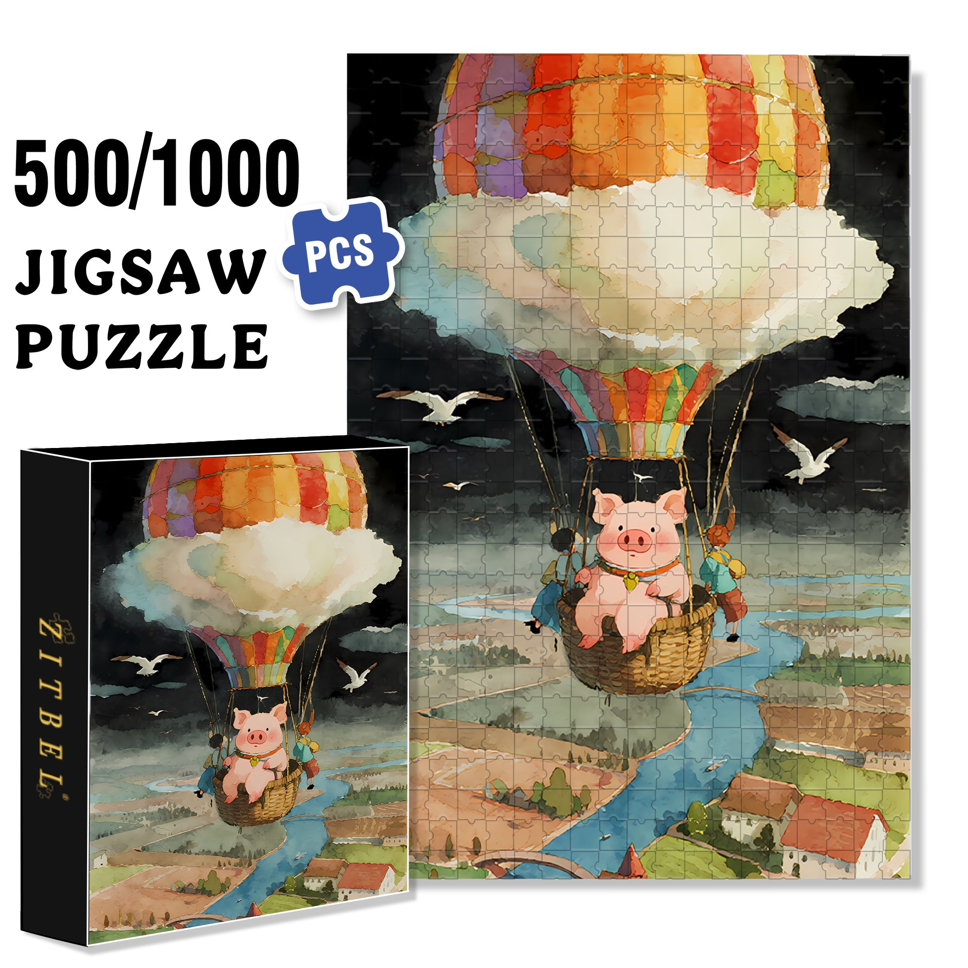Piglet Flies To The Sky 500pcs/1000pcs Jigsaw Puzzle, Scratch-Resistant, Interactive Family Game & Brain-Boosting DIY Decor, Perfect for Halloween, Christmas & New Year Gifts, Family Puzzle Game