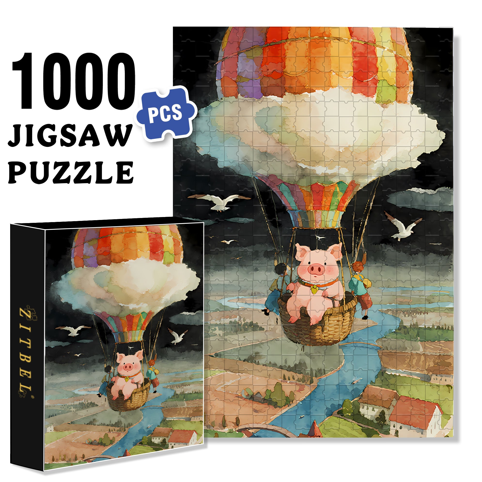 Piglet Flies To The Sky 500pcs/1000pcs Jigsaw Puzzle, Scratch-Resistant, Interactive Family Game & Brain-Boosting DIY Decor, Perfect for Halloween, Christmas & New Year Gifts, Family Puzzle Game