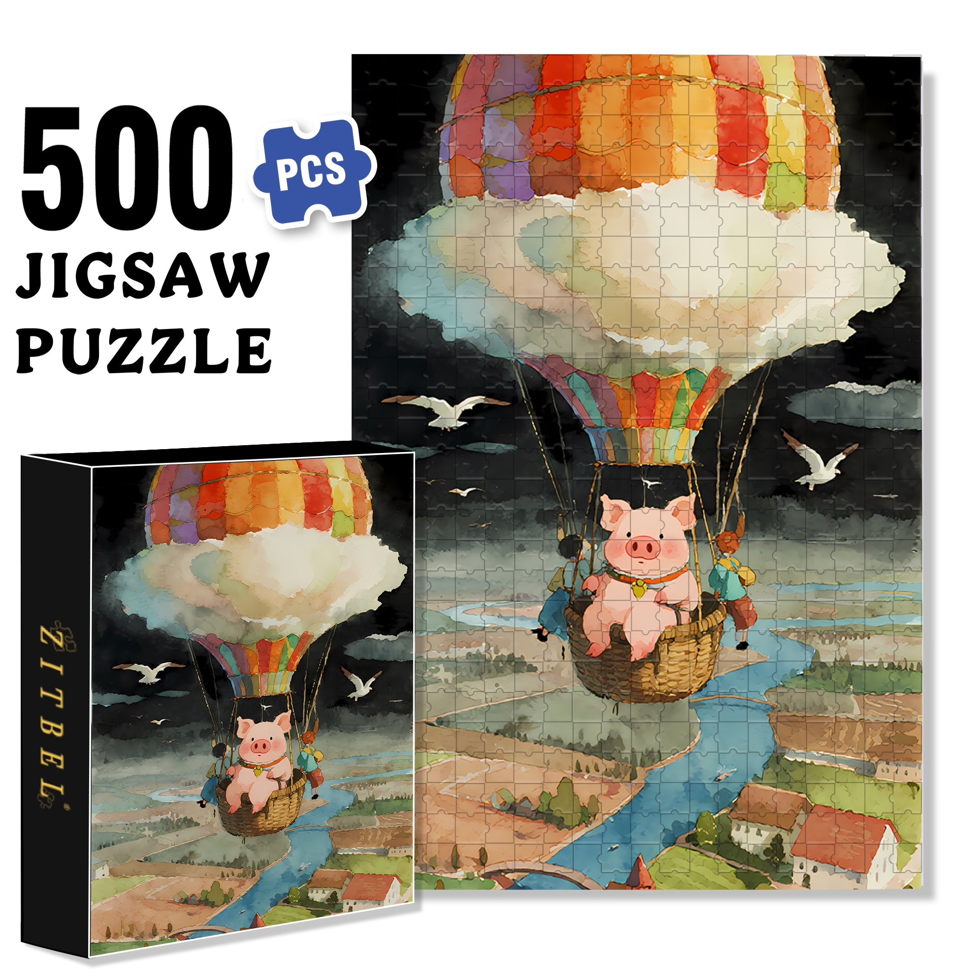 Piglet Flies To The Sky 500pcs/1000pcs Jigsaw Puzzle, Scratch-Resistant, Interactive Family Game & Brain-Boosting DIY Decor, Perfect for Halloween, Christmas & New Year Gifts, Family Puzzle Game