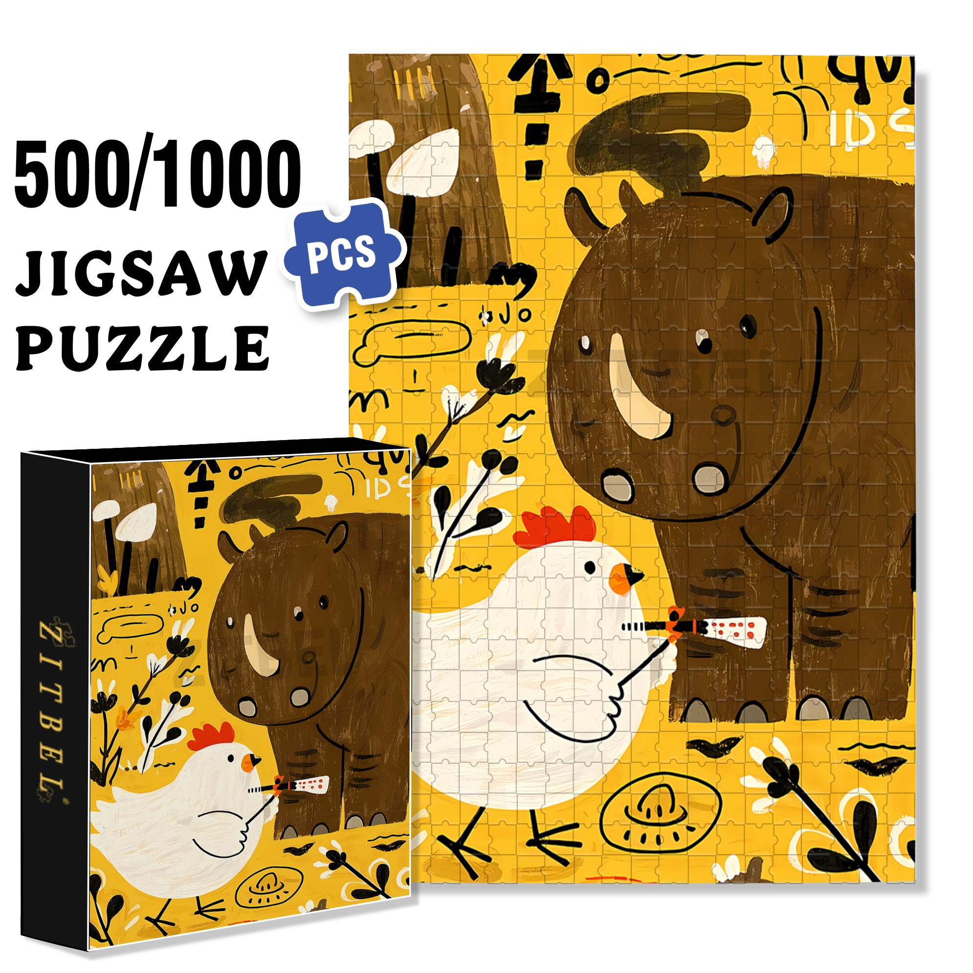 Rhino and Chicken 500pcs/1000pcs Jigsaw Puzzle, Scratch-Resistant, Interactive Family Game & Brain-Boosting DIY Decor, Perfect for Halloween, Christmas & New Year Gifts, Family Puzzle Game
