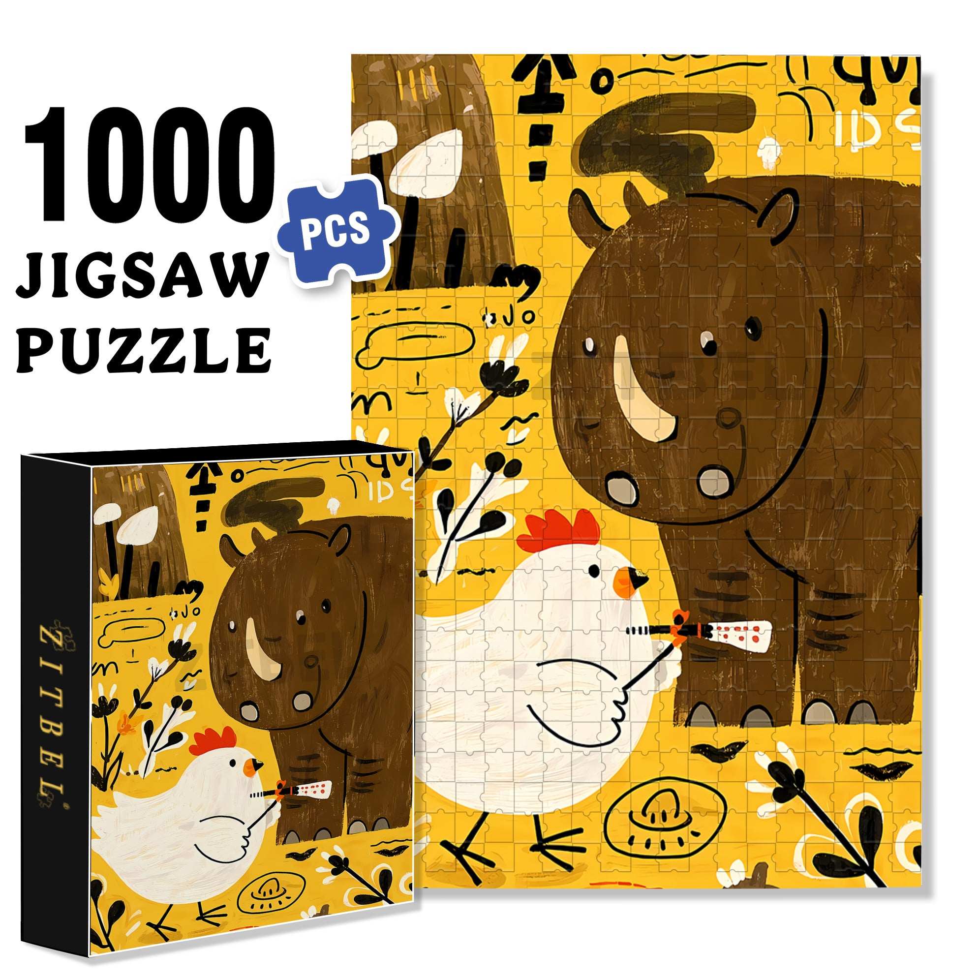 Rhino and Chicken 500pcs/1000pcs Jigsaw Puzzle, Scratch-Resistant, Interactive Family Game & Brain-Boosting DIY Decor, Perfect for Halloween, Christmas & New Year Gifts, Family Puzzle Game