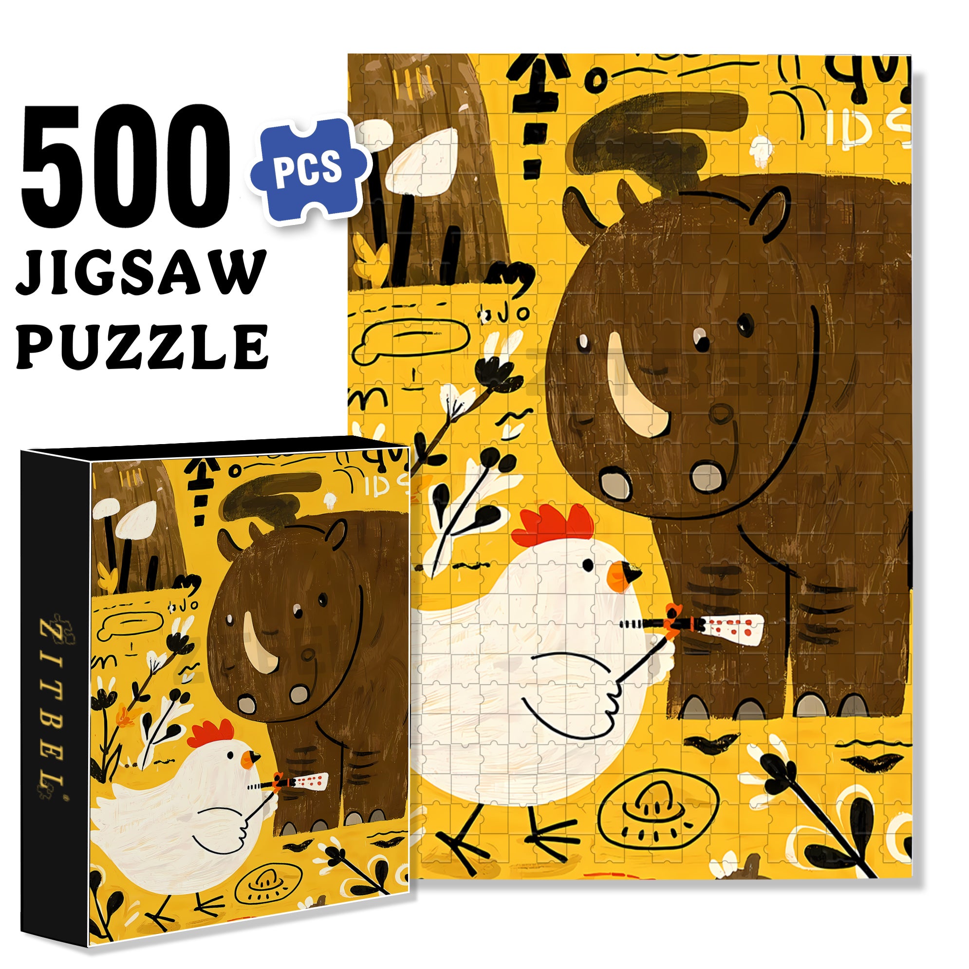 Rhino and Chicken 500pcs/1000pcs Jigsaw Puzzle, Scratch-Resistant, Interactive Family Game & Brain-Boosting DIY Decor, Perfect for Halloween, Christmas & New Year Gifts, Family Puzzle Game