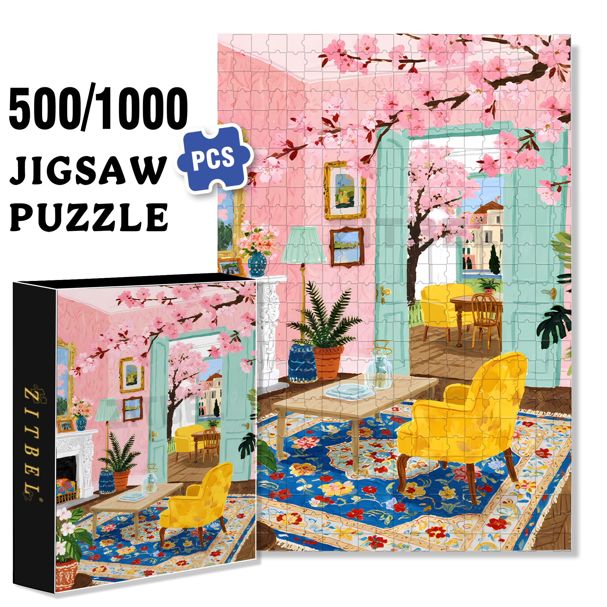 Sakura 500pcs/1000pcs Jigsaw Puzzle, Scratch-Resistant, Interactive Family Game & Brain-Boosting DIY Decor, Perfect for Halloween, Christmas & New Year Gifts, Family Puzzle Game