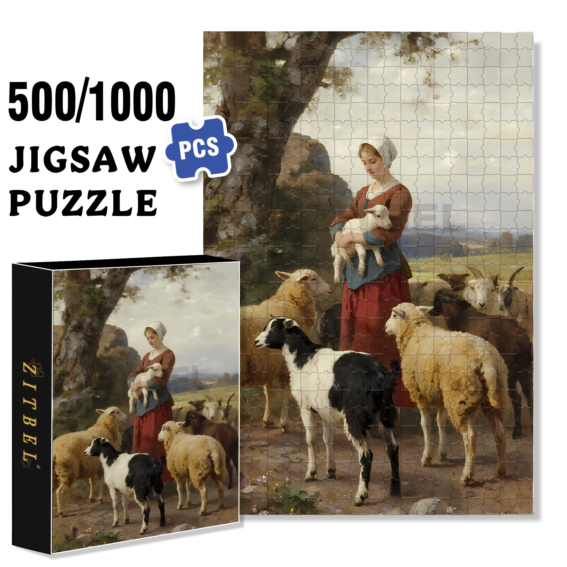 Shepherdess 500pcs/1000pcs Jigsaw Puzzle, Scratch-Resistant, Interactive Family Game & Brain-Boosting DIY Decor, Perfect for Halloween, Christmas & New Year Gifts, Family Puzzle Game