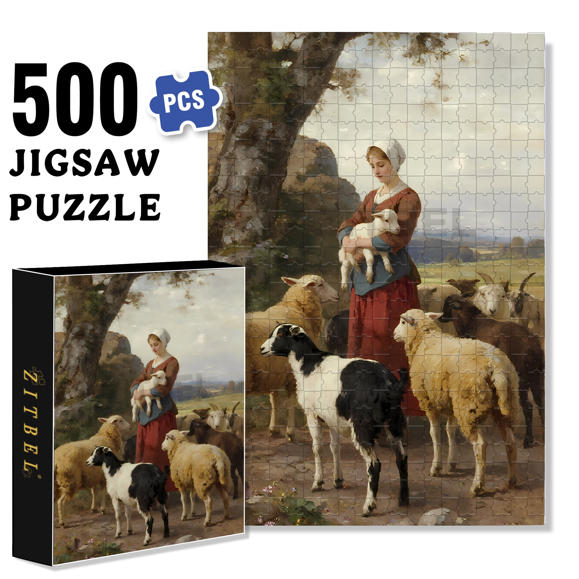 Shepherdess 500pcs/1000pcs Jigsaw Puzzle, Scratch-Resistant, Interactive Family Game & Brain-Boosting DIY Decor, Perfect for Halloween, Christmas & New Year Gifts, Family Puzzle Game