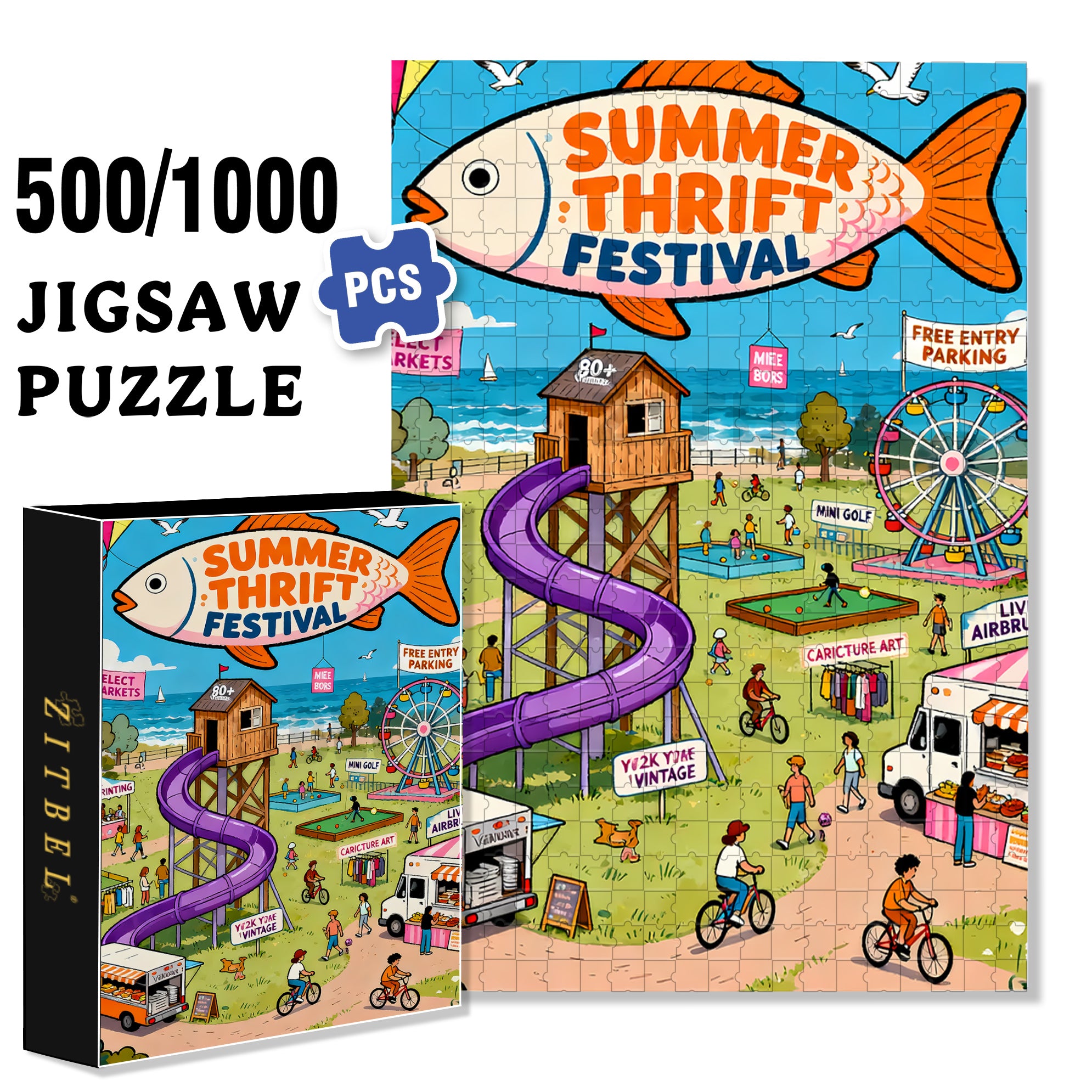 Summer Thrift Festival 500pcs/1000pcs Jigsaw Puzzle, Scratch-Resistant, Interactive Family Game & Brain-Boosting DIY Decor, Perfect for Halloween, Christmas & New Year Gifts, Family Puzzle Game