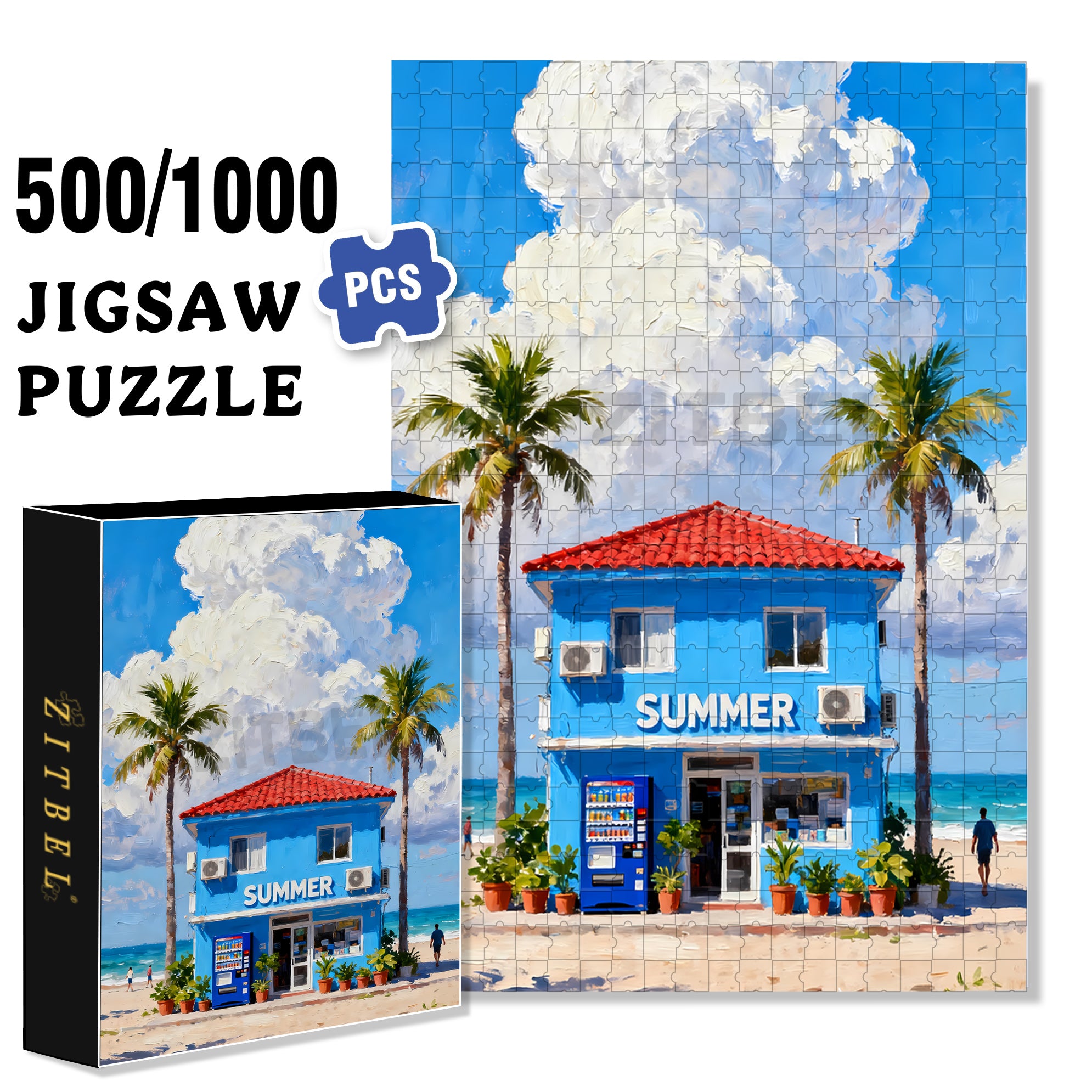Summer Vacation 500pcs/1000pcs Jigsaw Puzzle, Scratch-Resistant, Interactive Family Game & Brain-Boosting DIY Decor, Perfect for Halloween, Christmas & New Year Gifts, Family Puzzle Game