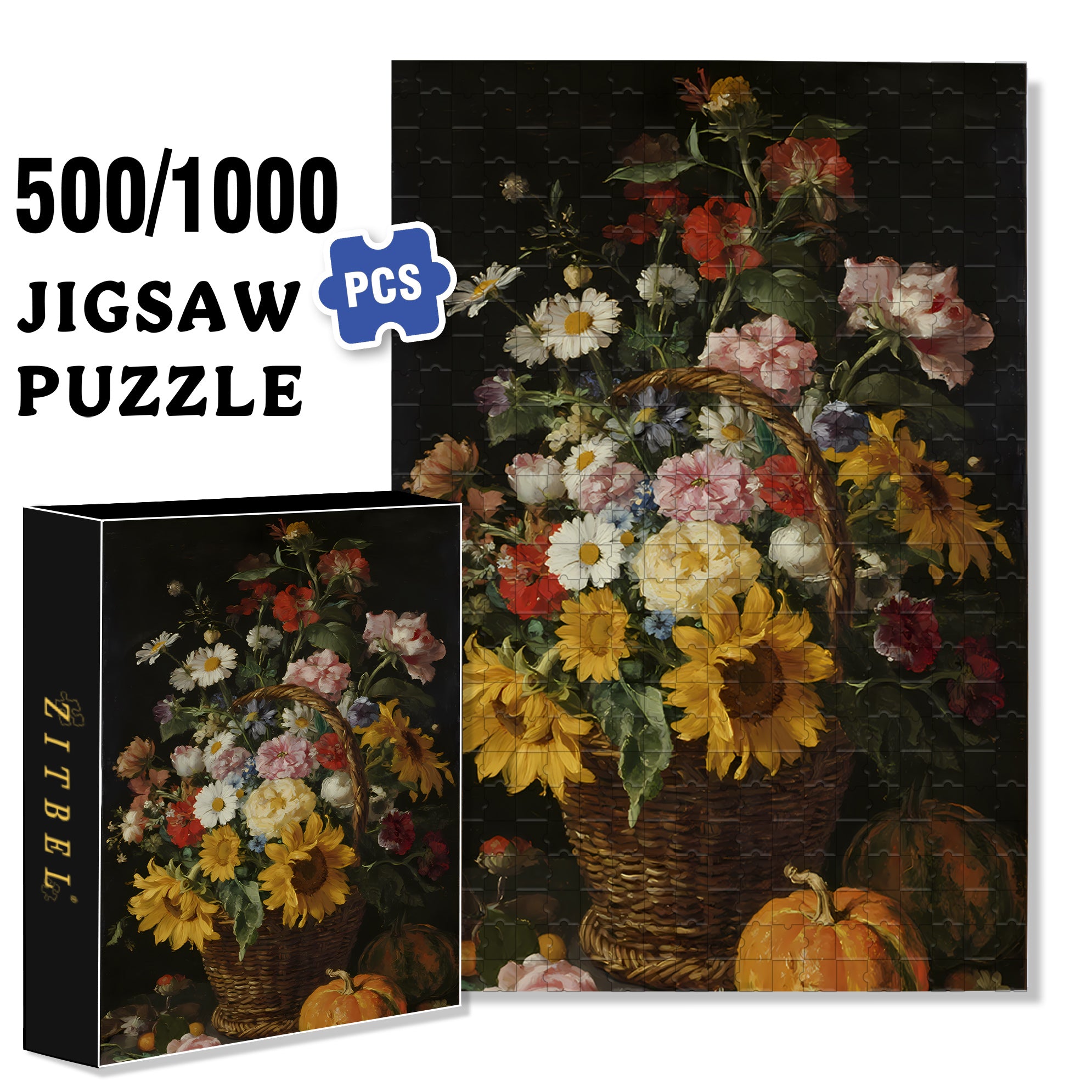 A Basket Of Flowers 500pcs/1000pcs Jigsaw Puzzle, Scratch-Resistant, Interactive Family Game & Brain-Boosting DIY Decor, Perfect for Halloween, Christmas & New Year Gifts, Family Puzzle Game