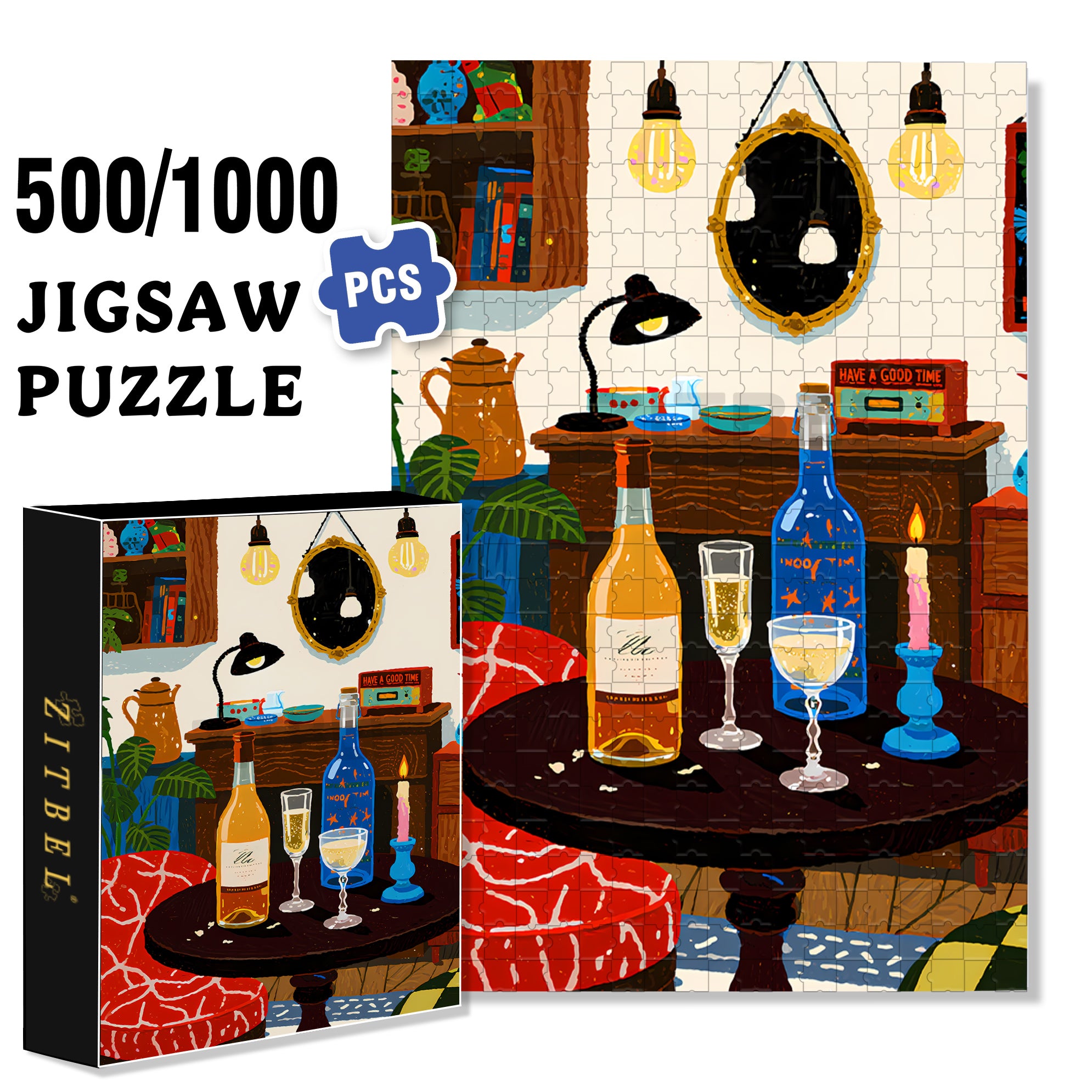 Happy Hour 500pcs/1000pcs Jigsaw Puzzle, Scratch-Resistant, Interactive Family Game & Brain-Boosting DIY Decor, Perfect for Halloween, Christmas & New Year Gifts, Family Puzzle Game