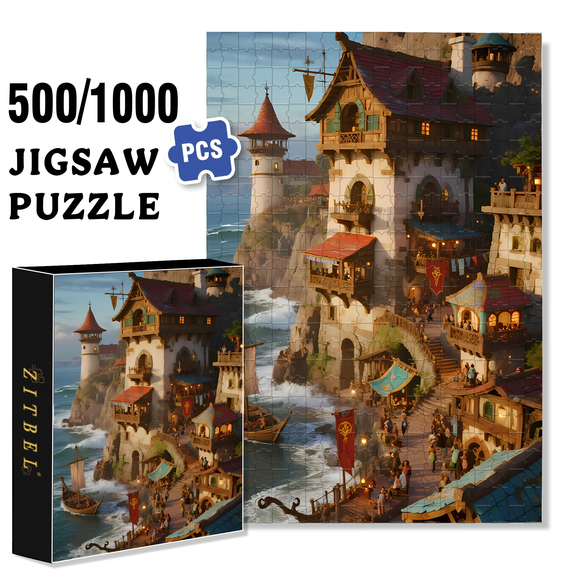 Medieval Town 500pcs/1000pcs Jigsaw Puzzle, Scratch-Resistant, Interactive Family Game & Brain-Boosting DIY Decor, Perfect for Halloween, Christmas & New Year Gifts, Family Puzzle Game