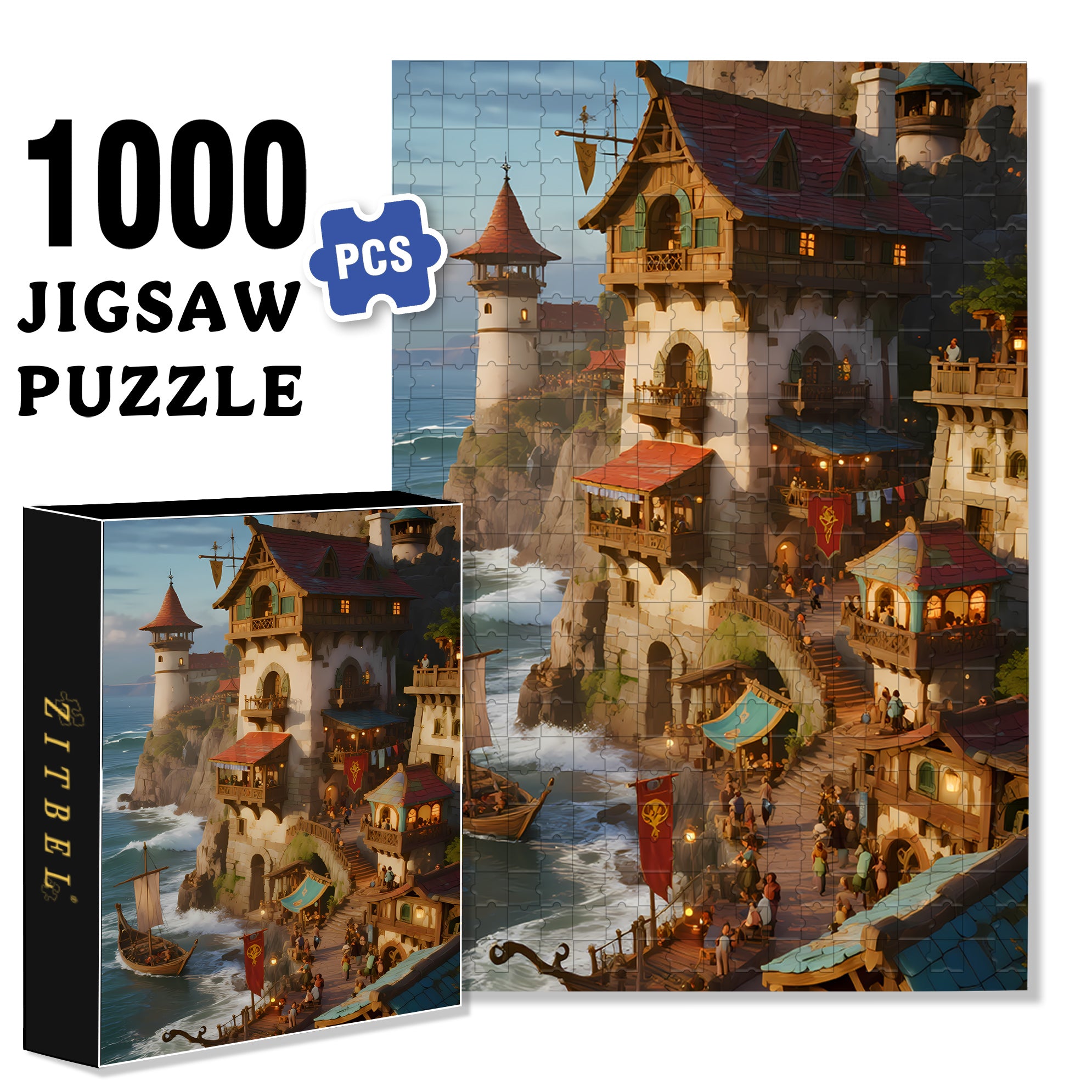 Medieval Town 500pcs/1000pcs Jigsaw Puzzle, Scratch-Resistant, Interactive Family Game & Brain-Boosting DIY Decor, Perfect for Halloween, Christmas & New Year Gifts, Family Puzzle Game