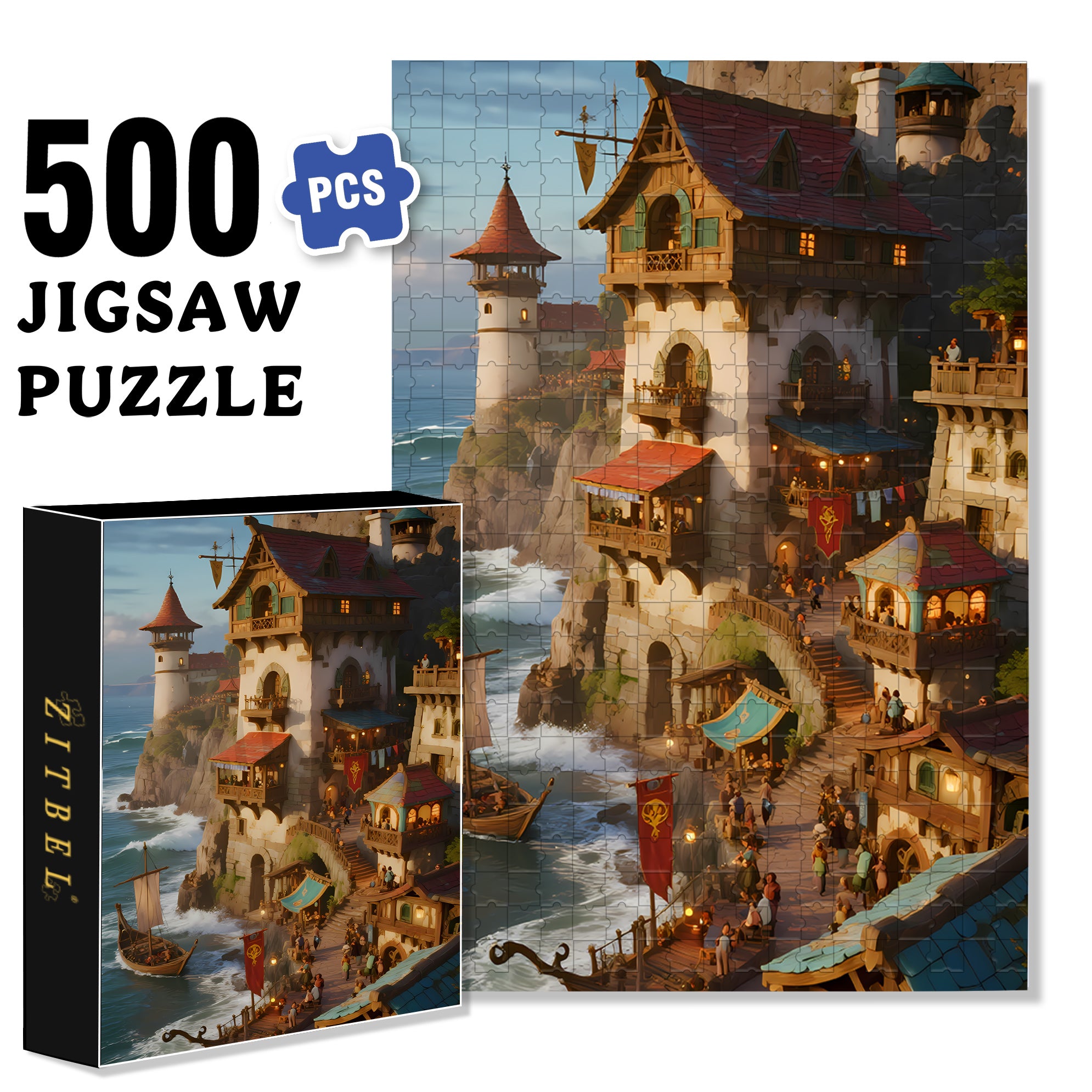 Medieval Town 500pcs/1000pcs Jigsaw Puzzle, Scratch-Resistant, Interactive Family Game & Brain-Boosting DIY Decor, Perfect for Halloween, Christmas & New Year Gifts, Family Puzzle Game