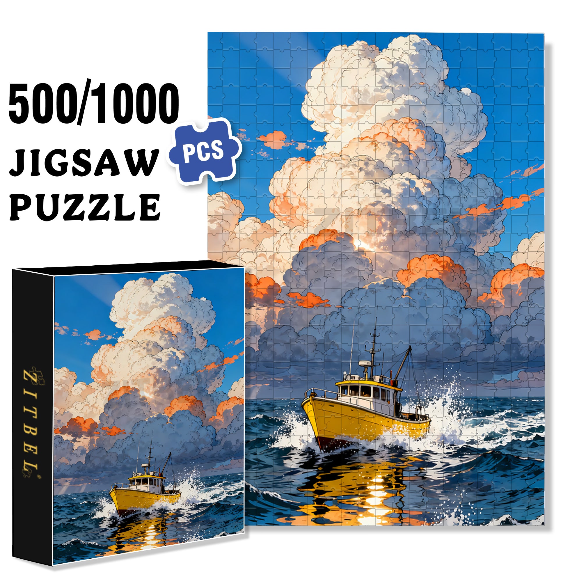 Small Fishing Boat 500pcs/1000pcs Jigsaw Puzzle, Scratch-Resistant, Interactive Family Game & Brain-Boosting DIY Decor, Perfect for Halloween, Christmas & New Year Gifts, Family Puzzle Game