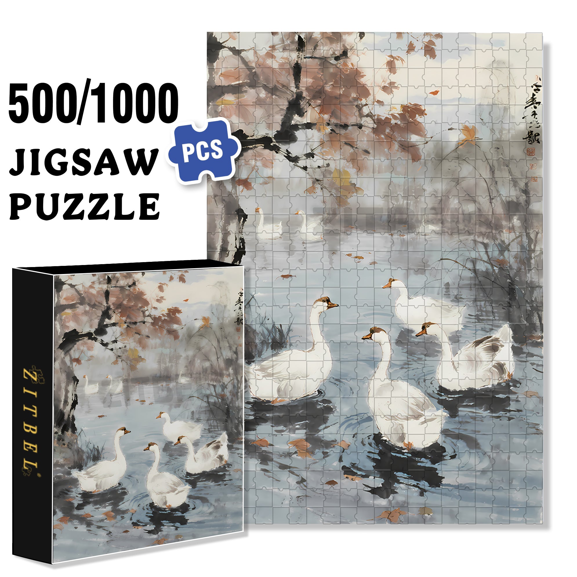 White Geese In Autumn 500pcs/1000pcs Jigsaw Puzzle, Scratch-Resistant, Interactive Family Game & Brain-Boosting DIY Decor, Perfect for Halloween, Christmas & New Year Gifts, Family Puzzle Game