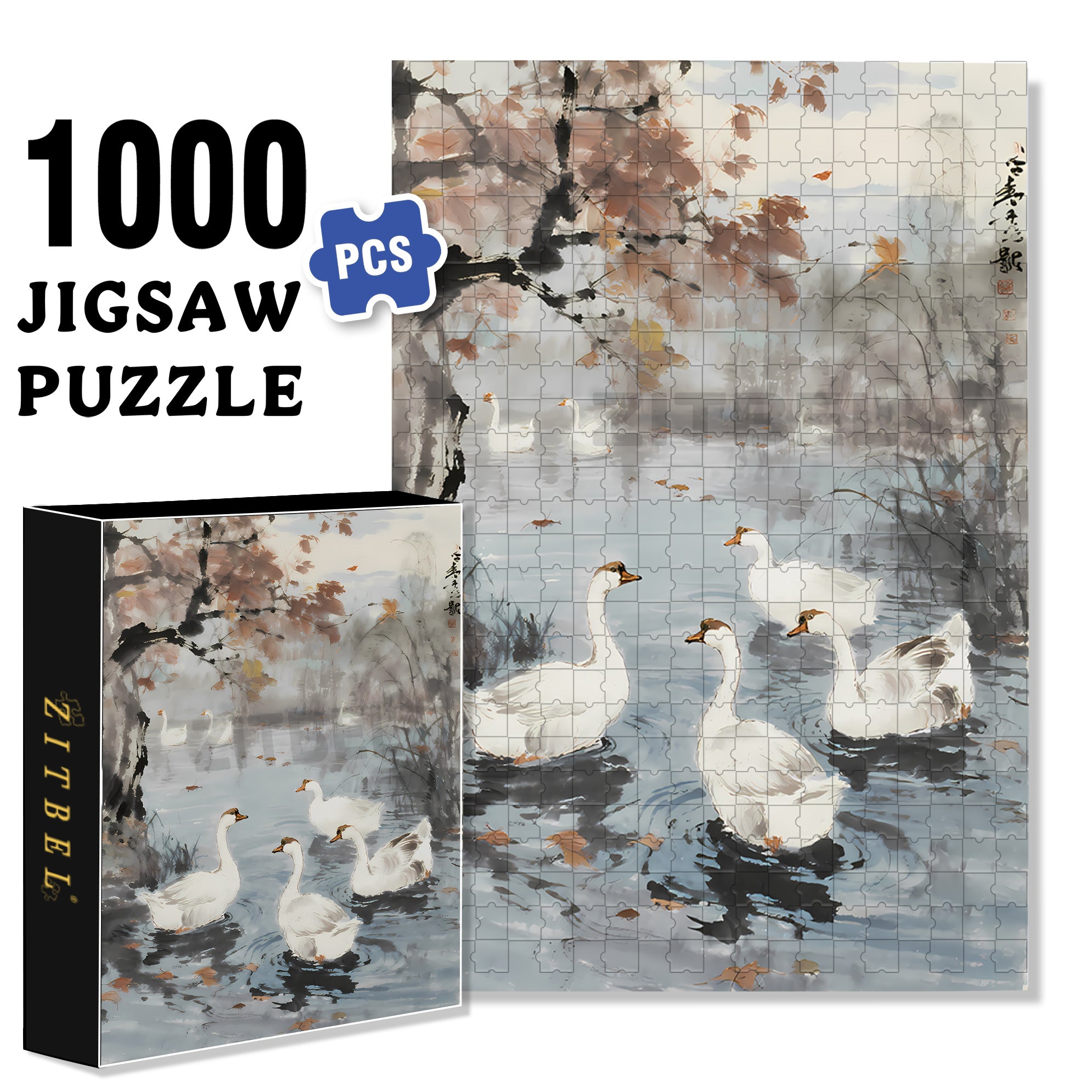 White Geese In Autumn 500pcs/1000pcs Jigsaw Puzzle, Scratch-Resistant, Interactive Family Game & Brain-Boosting DIY Decor, Perfect for Halloween, Christmas & New Year Gifts, Family Puzzle Game