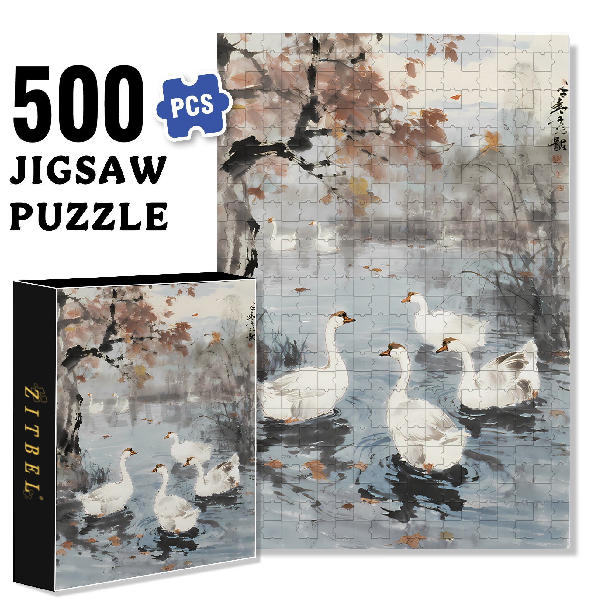 White Geese In Autumn 500pcs/1000pcs Jigsaw Puzzle, Scratch-Resistant, Interactive Family Game & Brain-Boosting DIY Decor, Perfect for Halloween, Christmas & New Year Gifts, Family Puzzle Game