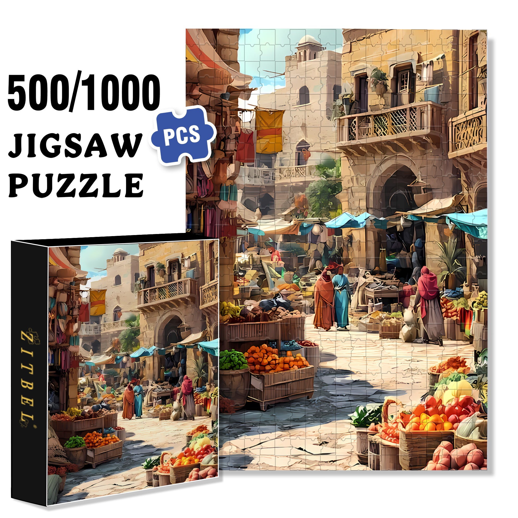 Arab Market 500pcs/1000pcs Jigsaw Puzzle, Scratch-Resistant, Interactive Family Game & Brain-Boosting DIY Decor, Perfect for Halloween, Christmas & New Year Gifts, Family Puzzle Game