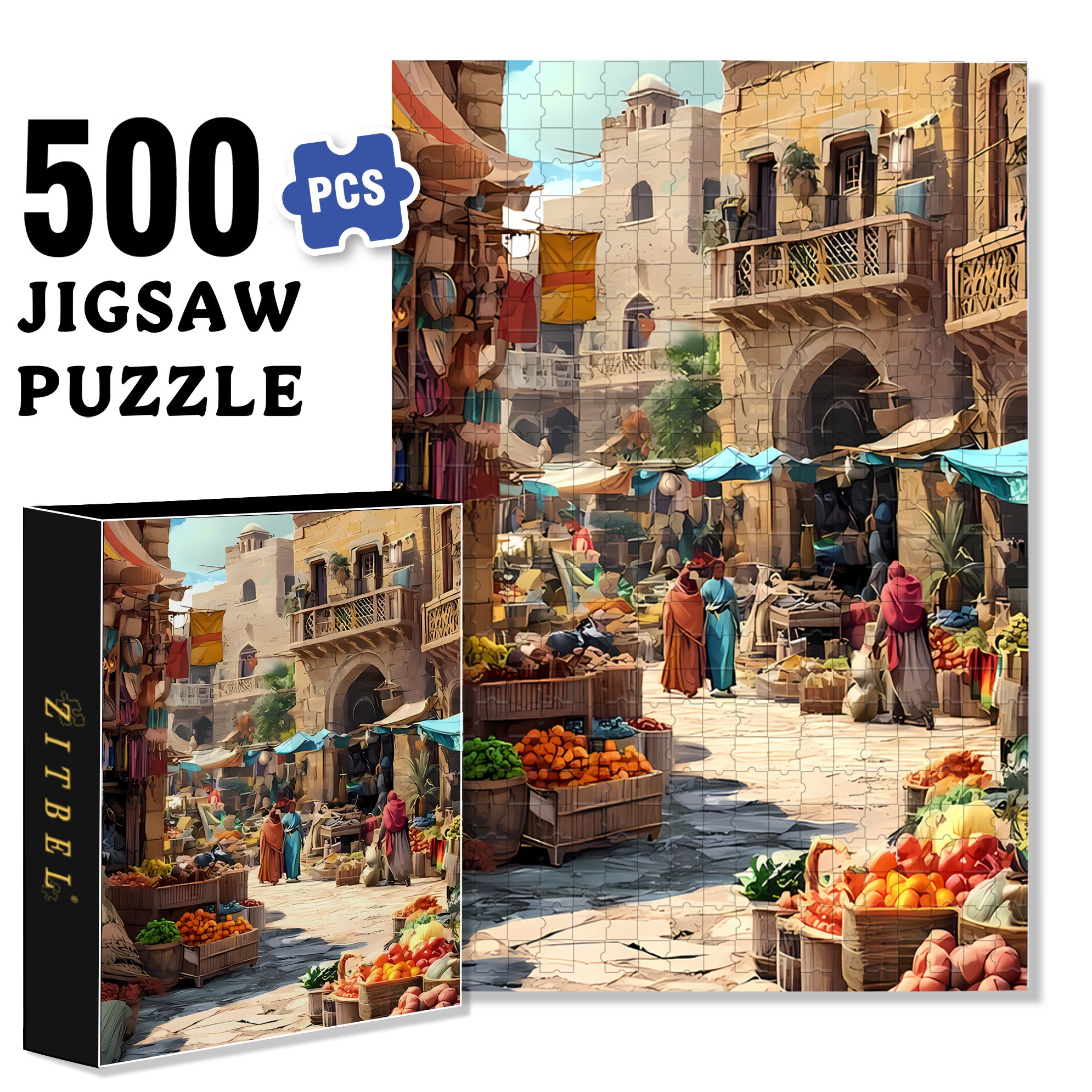 Arab Market 500pcs/1000pcs Jigsaw Puzzle, Scratch-Resistant, Interactive Family Game & Brain-Boosting DIY Decor, Perfect for Halloween, Christmas & New Year Gifts, Family Puzzle Game