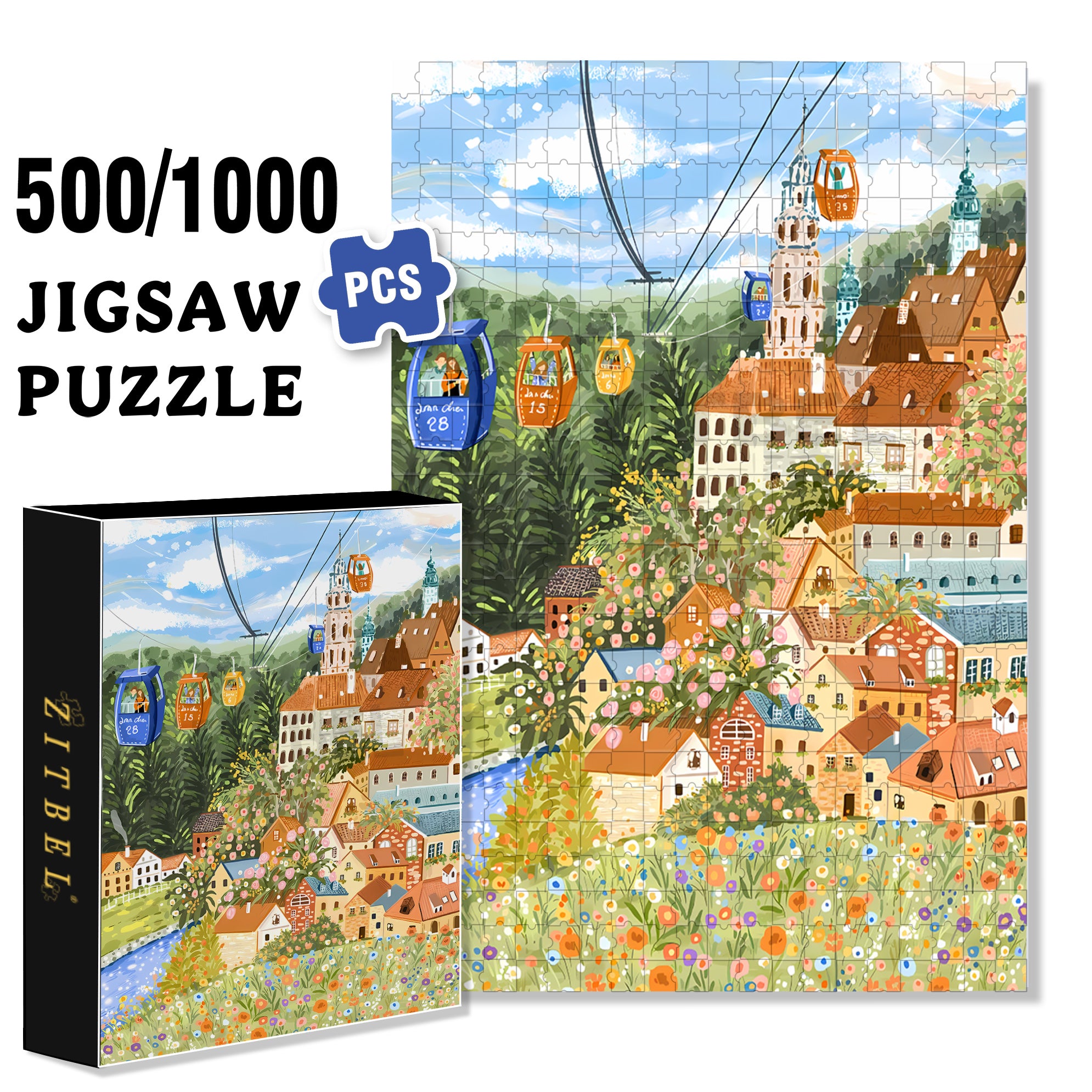 Cable Car 500pcs/1000pcs Jigsaw Puzzle, Scratch-Resistant, Interactive Family Game & Brain-Boosting DIY Decor, Perfect for Halloween, Christmas & New Year Gifts, Family Puzzle Game
