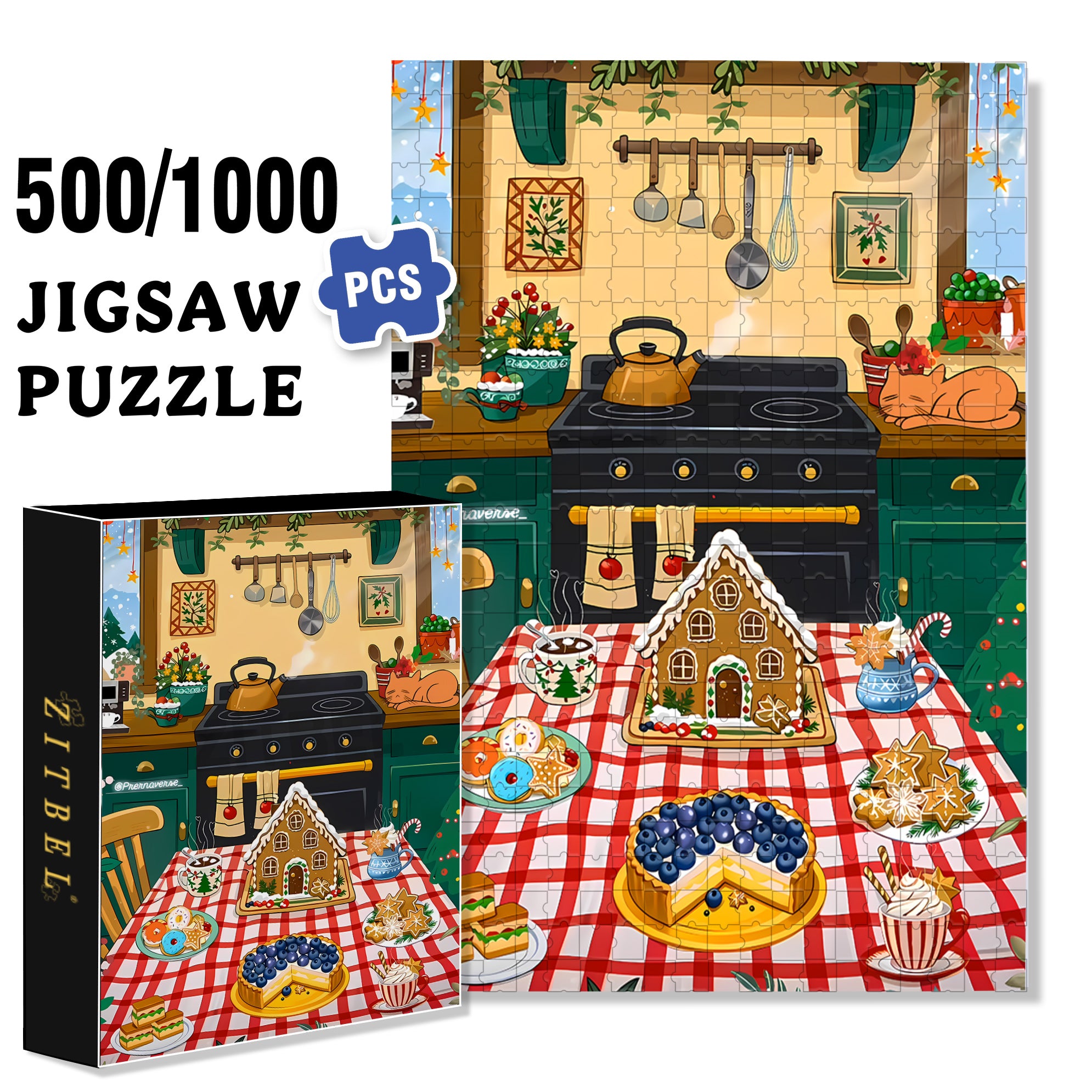 Christmas Afternoon Tea 500pcs/1000pcs Jigsaw Puzzle, Scratch-Resistant, Interactive Family Game & Brain-Boosting DIY Decor, Perfect for Halloween, Christmas & New Year Gifts, Family Puzzle Game