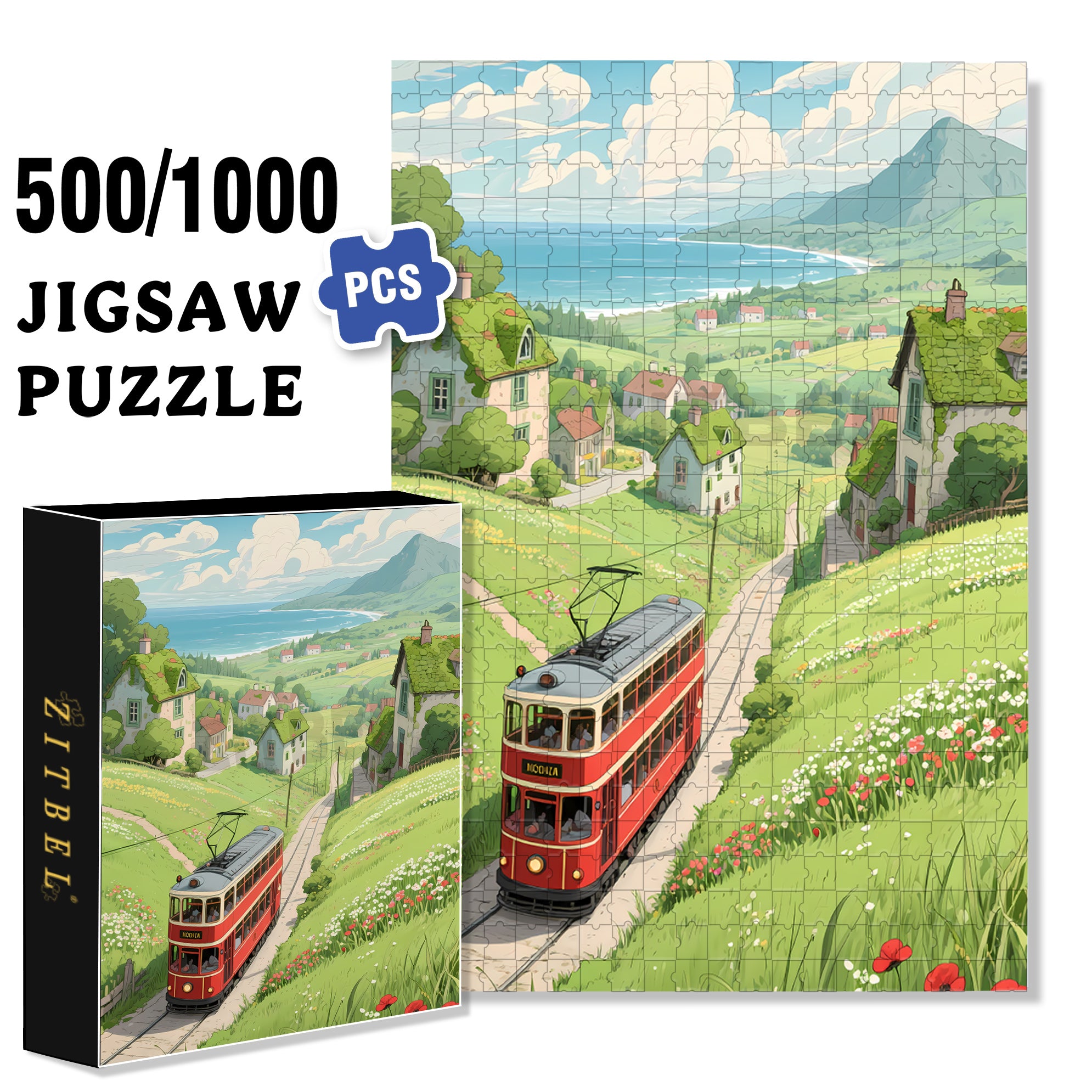 Double-decker Tram 500pcs/1000pcs Jigsaw Puzzle, Scratch-Resistant, Interactive Family Game & Brain-Boosting DIY Decor, Perfect for Halloween, Christmas & New Year Gifts, Family Puzzle Game