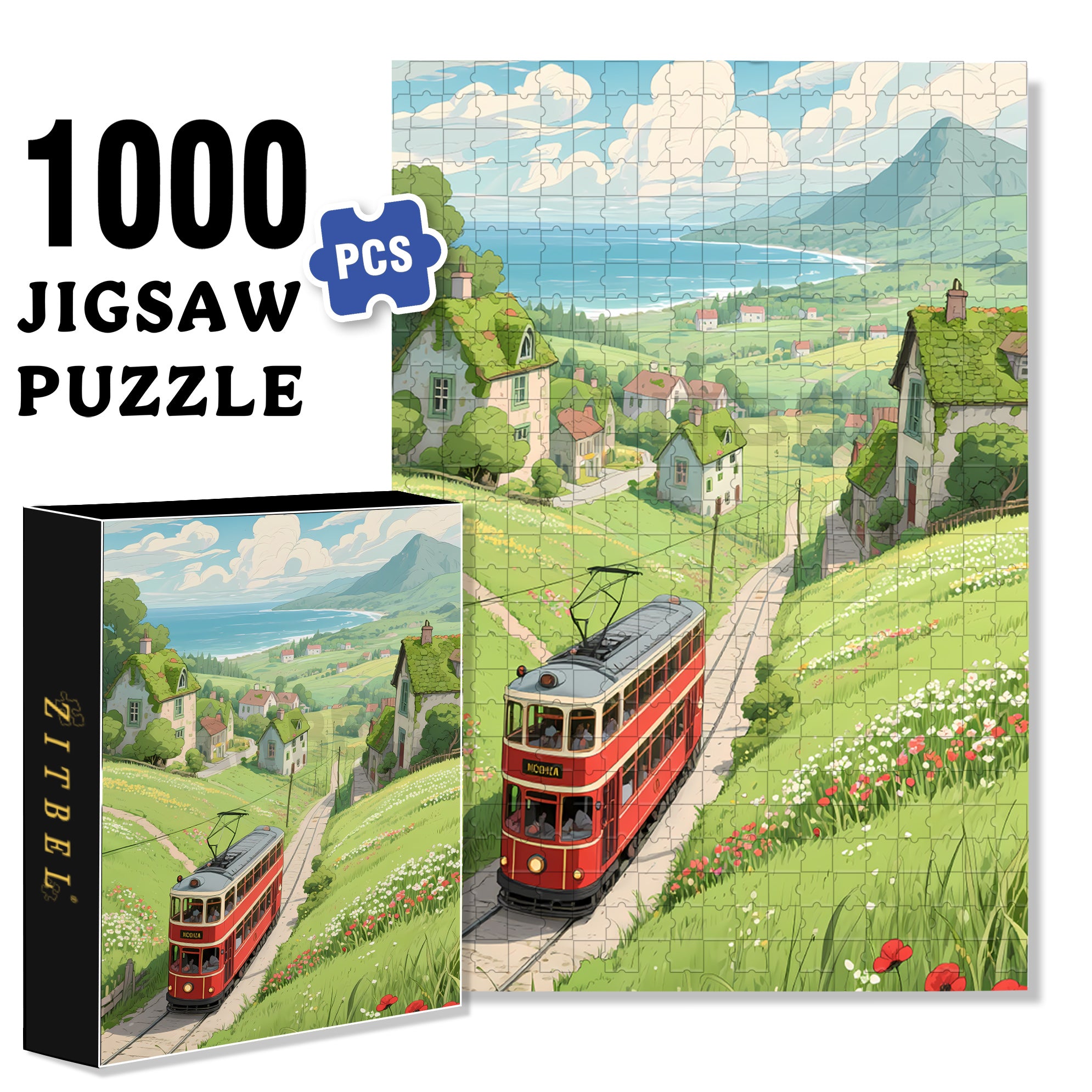 Double-decker Tram 500pcs/1000pcs Jigsaw Puzzle, Scratch-Resistant, Interactive Family Game & Brain-Boosting DIY Decor, Perfect for Halloween, Christmas & New Year Gifts, Family Puzzle Game