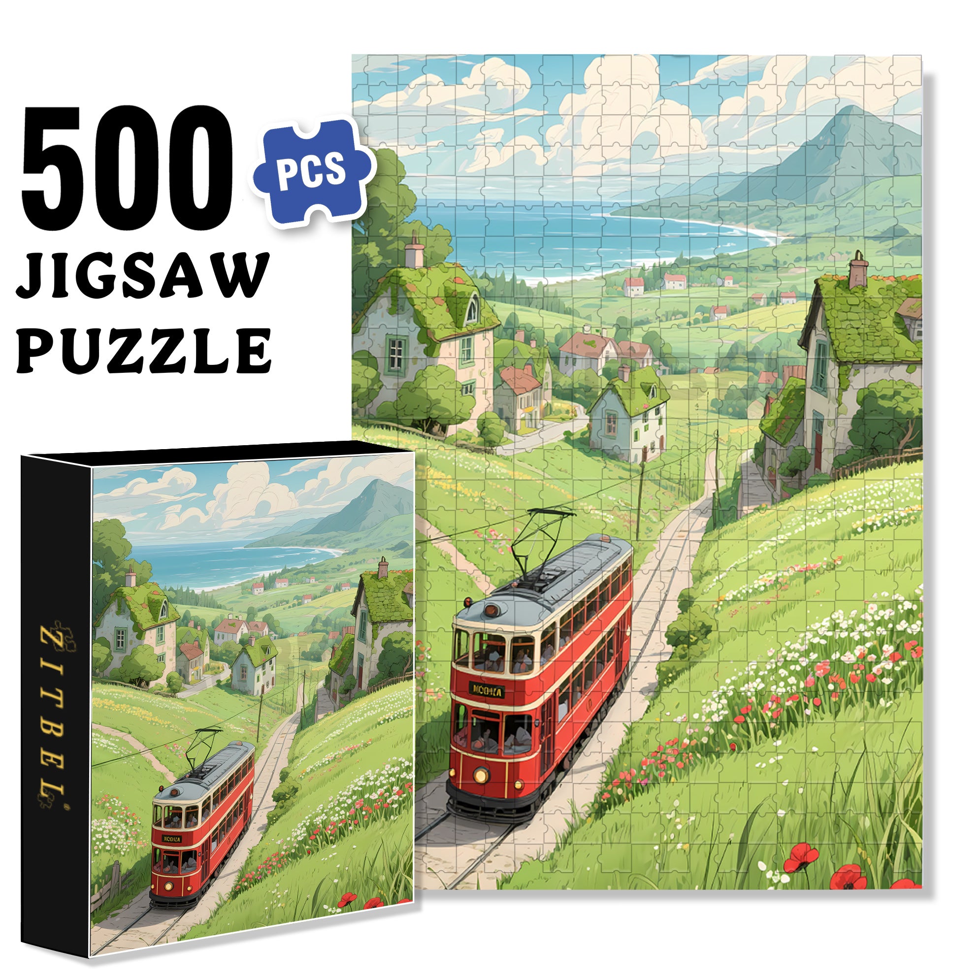 Double-decker Tram 500pcs/1000pcs Jigsaw Puzzle, Scratch-Resistant, Interactive Family Game & Brain-Boosting DIY Decor, Perfect for Halloween, Christmas & New Year Gifts, Family Puzzle Game