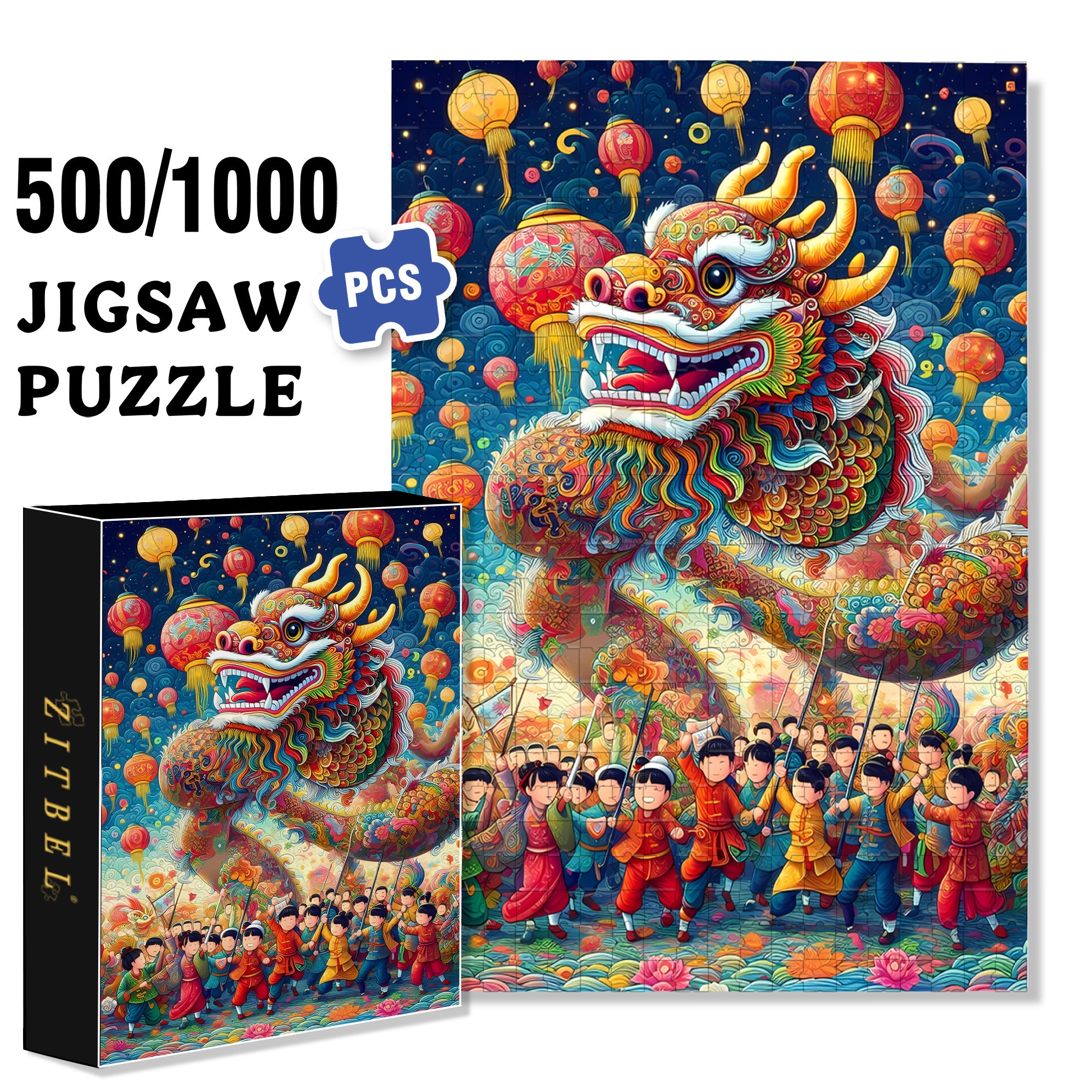 Dragon Dance 500pcs/1000pcs Jigsaw Puzzle, Scratch-Resistant, Interactive Family Game & Brain-Boosting DIY Decor, Perfect for Halloween, Christmas & New Year Gifts, Family Puzzle Game