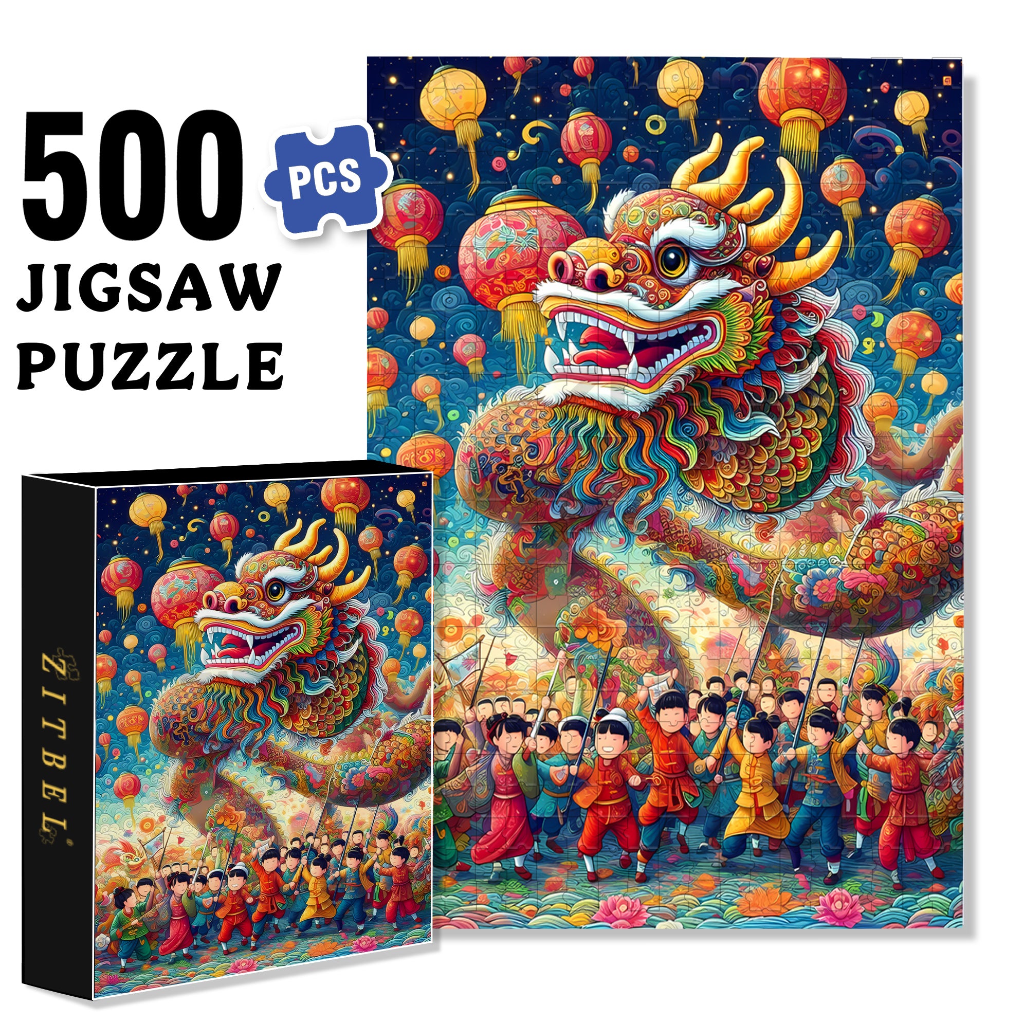 Dragon Dance 500pcs/1000pcs Jigsaw Puzzle, Scratch-Resistant, Interactive Family Game & Brain-Boosting DIY Decor, Perfect for Halloween, Christmas & New Year Gifts, Family Puzzle Game