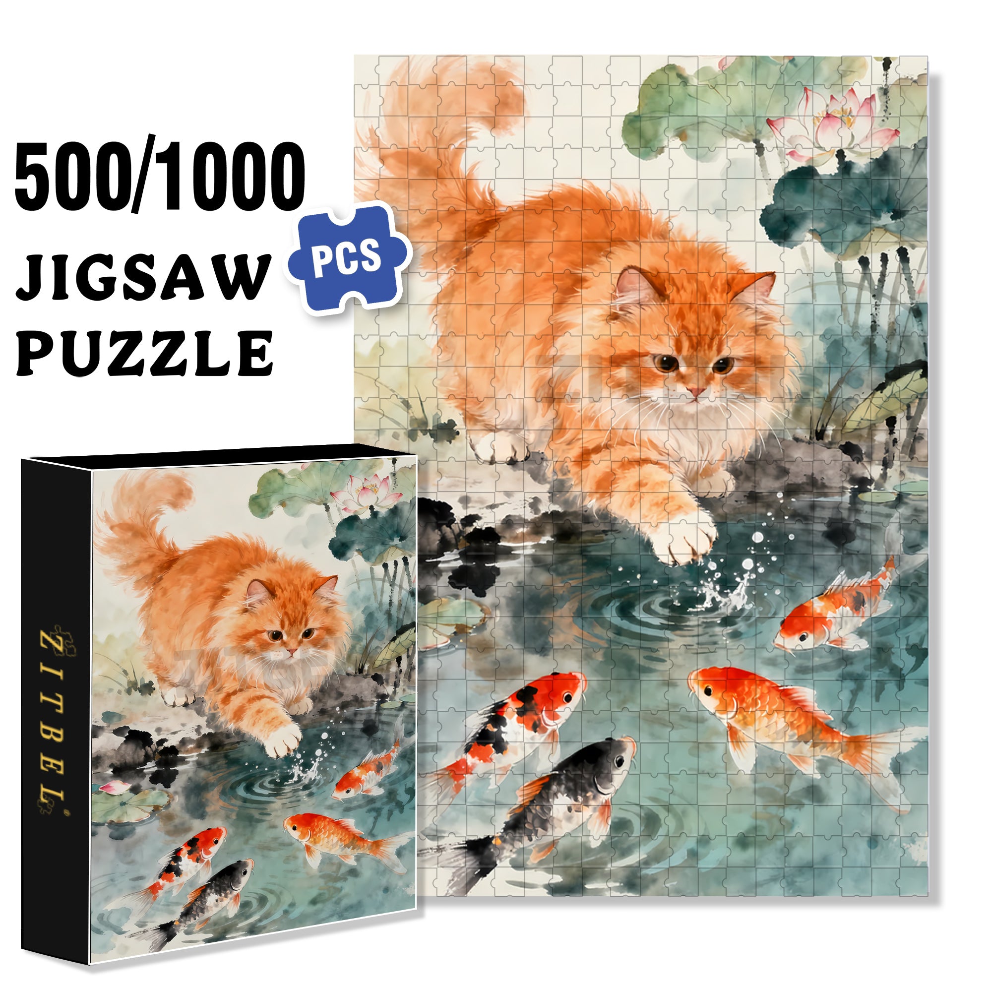 Kitten Catching Fish 500pcs/1000pcs Jigsaw Puzzle, Scratch-Resistant, Interactive Family Game & Brain-Boosting DIY Decor, Perfect for Halloween, Christmas & New Year Gifts, Family Puzzle Game