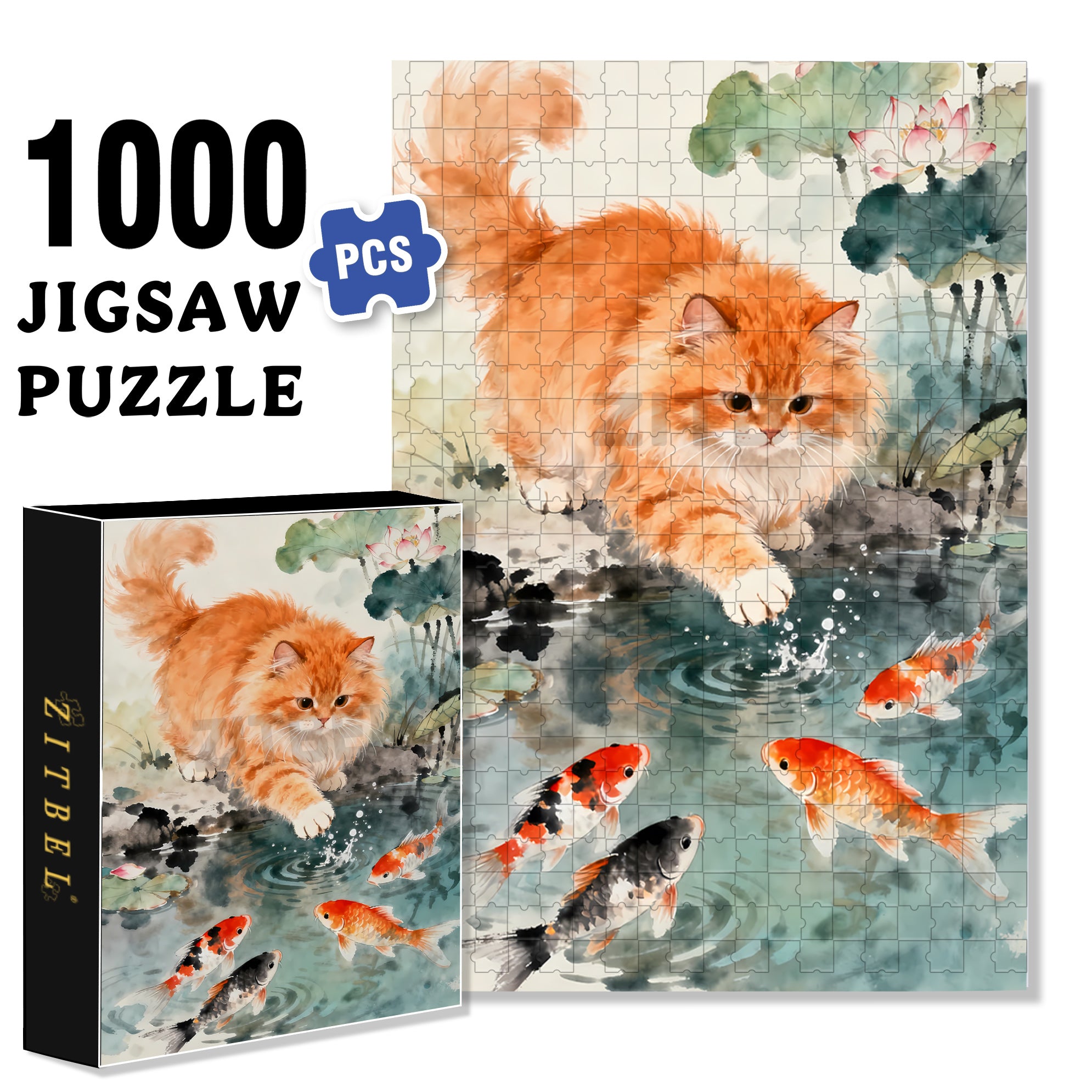 Kitten Catching Fish 500pcs/1000pcs Jigsaw Puzzle, Scratch-Resistant, Interactive Family Game & Brain-Boosting DIY Decor, Perfect for Halloween, Christmas & New Year Gifts, Family Puzzle Game