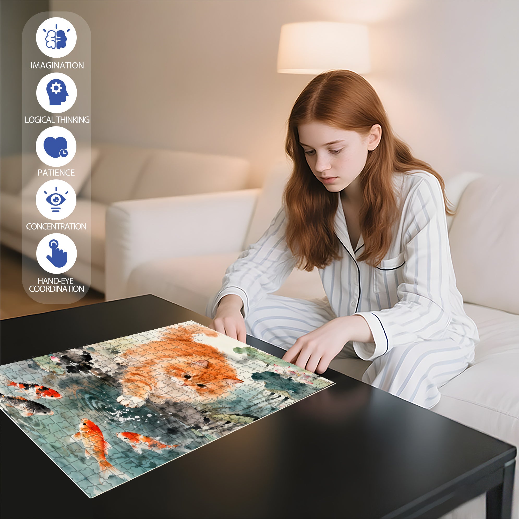Kitten Catching Fish 500pcs/1000pcs Jigsaw Puzzle, Scratch-Resistant, Interactive Family Game & Brain-Boosting DIY Decor, Perfect for Halloween, Christmas & New Year Gifts, Family Puzzle Game