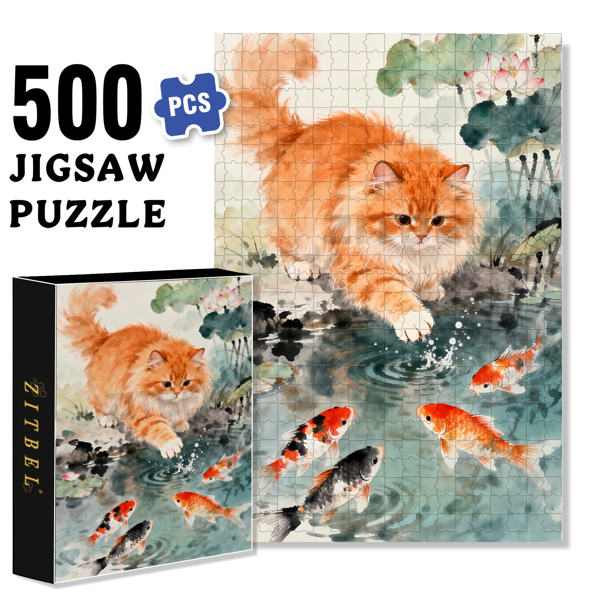 Kitten Catching Fish 500pcs/1000pcs Jigsaw Puzzle, Scratch-Resistant, Interactive Family Game & Brain-Boosting DIY Decor, Perfect for Halloween, Christmas & New Year Gifts, Family Puzzle Game